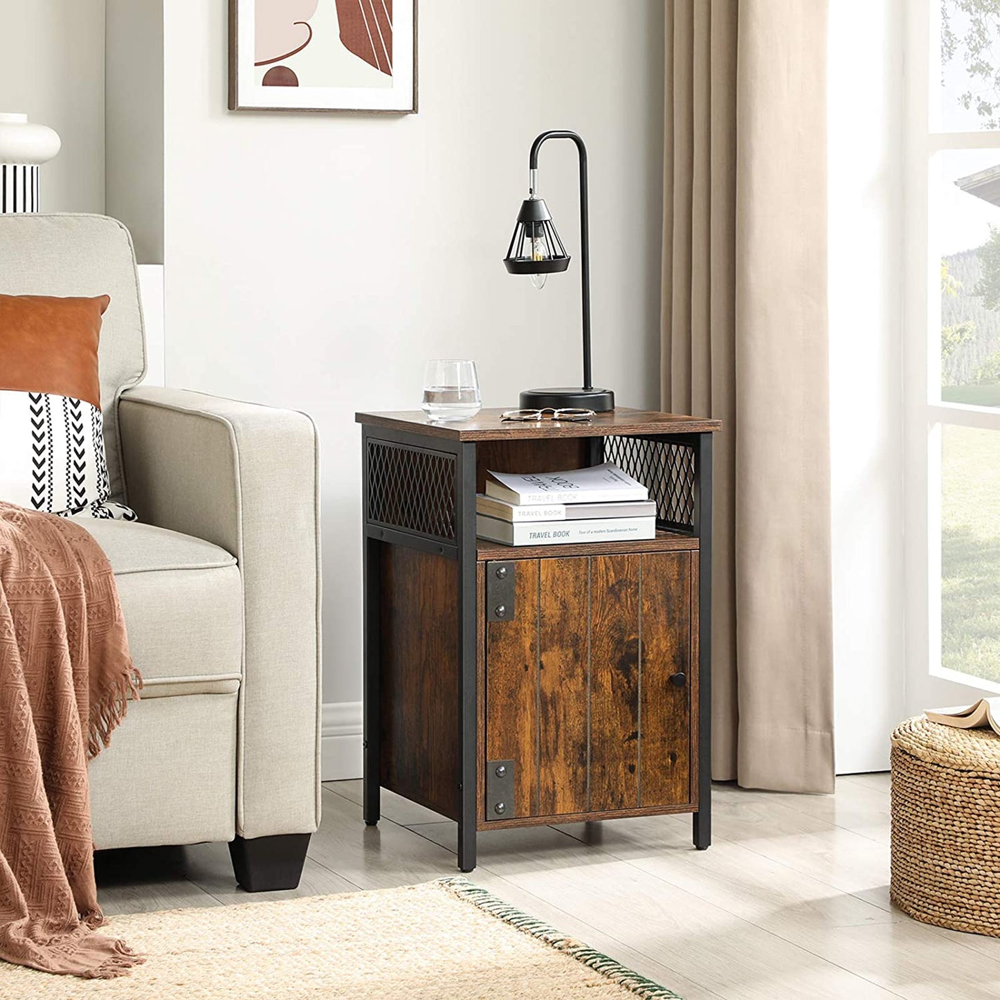 Side Table with Open Shelf and Storage Cabinet