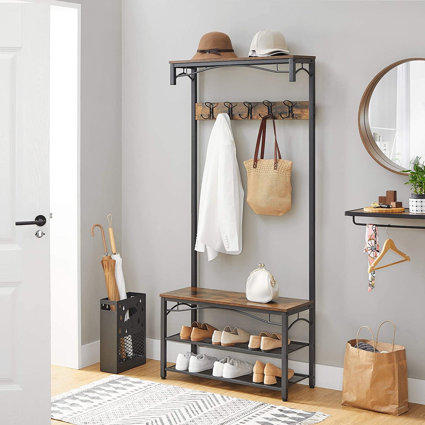 Hall Tree Hat and Coat Stand Hallway Shoe Rack Bench with Shelves Hooks