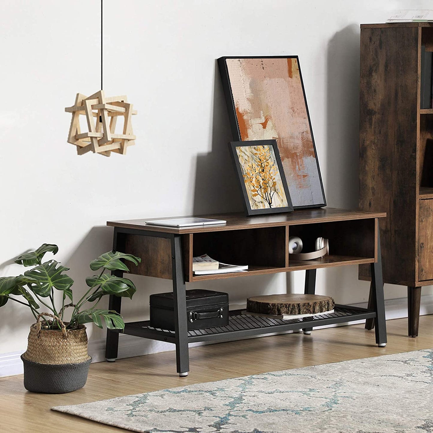 TV Stand, Industrial TV Cabinet with Mesh Storage Shelf, Coffee Table