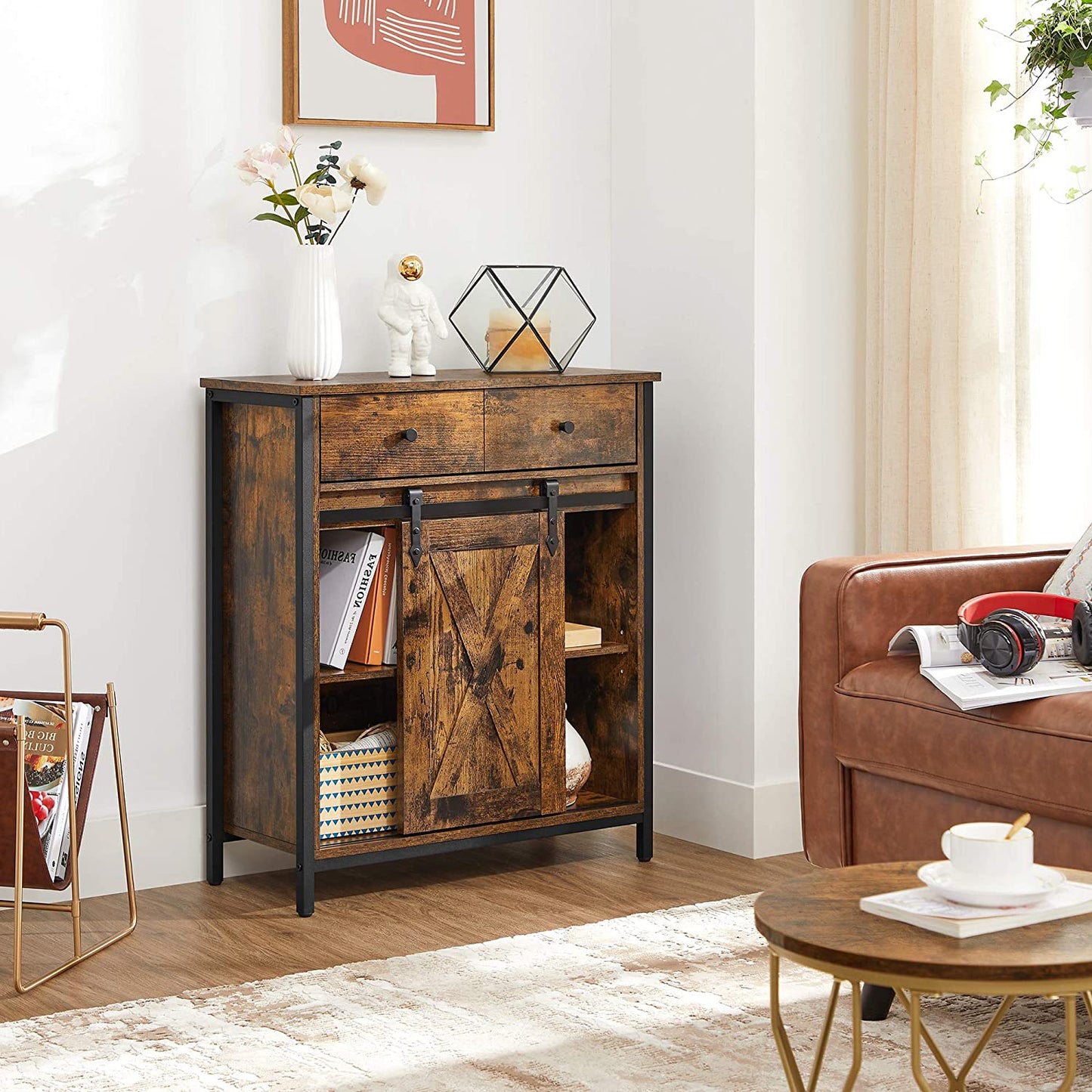 Storage Sideboard with Barn Door Rustic Brown Black