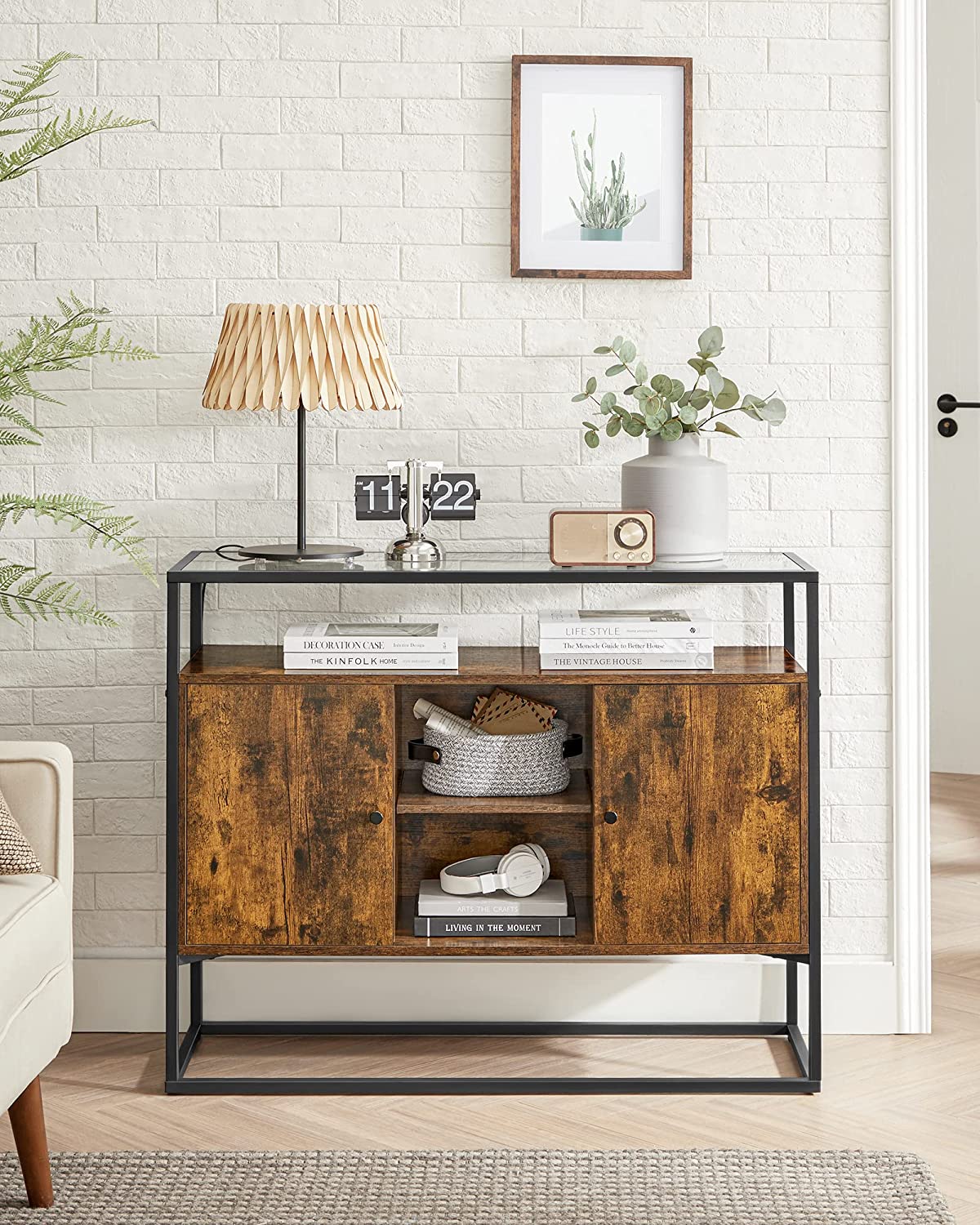 Side Cabinet, Sideboard Storage Cabinet with Glass Surface