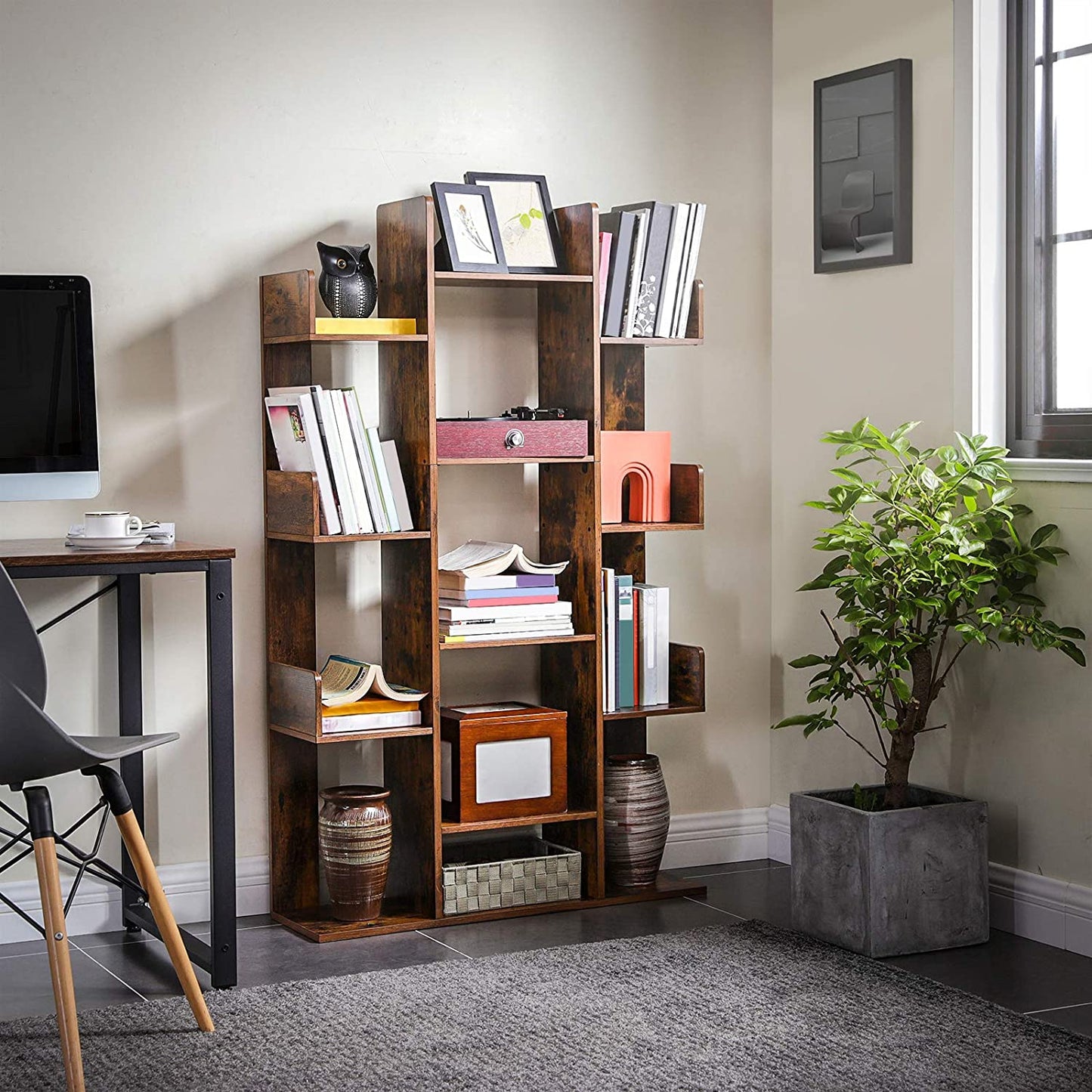 Industrial Style Bookshelf Tree-Shaped Bookcase 13 Storage Shelves Rounded Corners