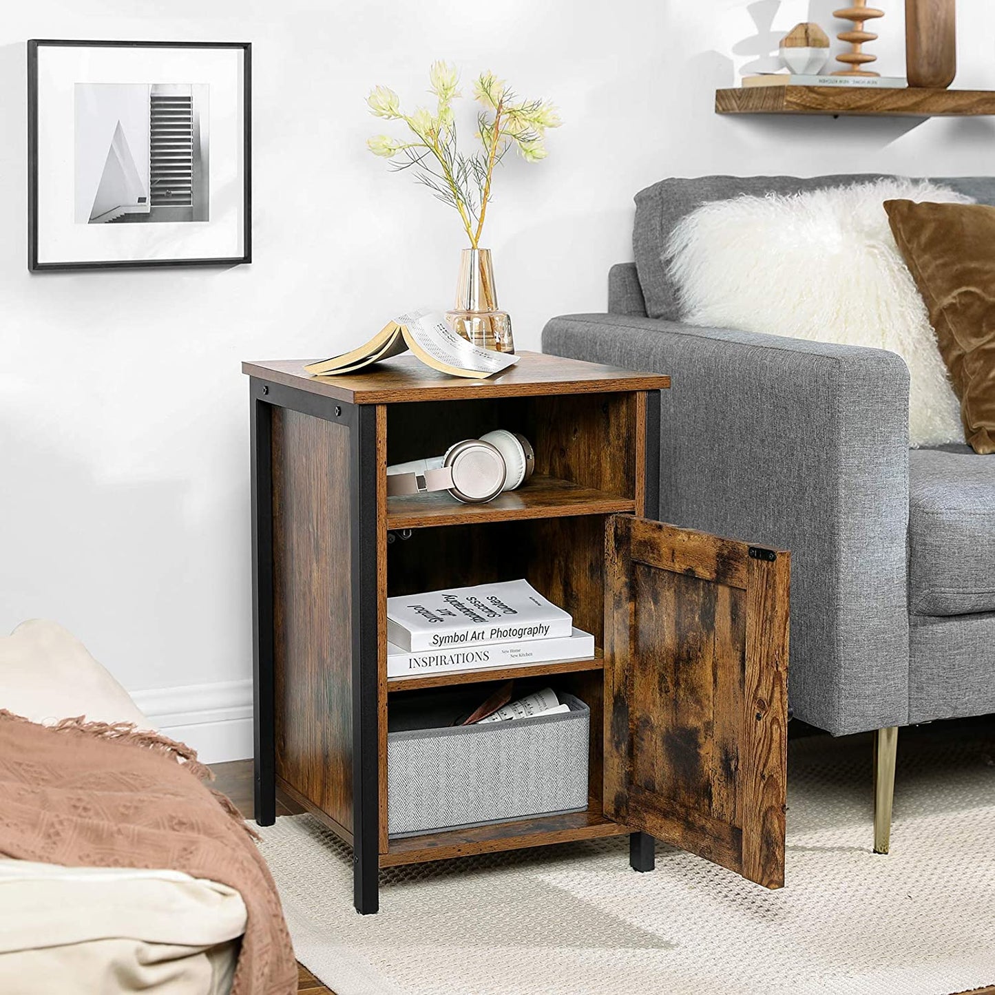 Nightstand Side Table End Table with Storage Metal Frame