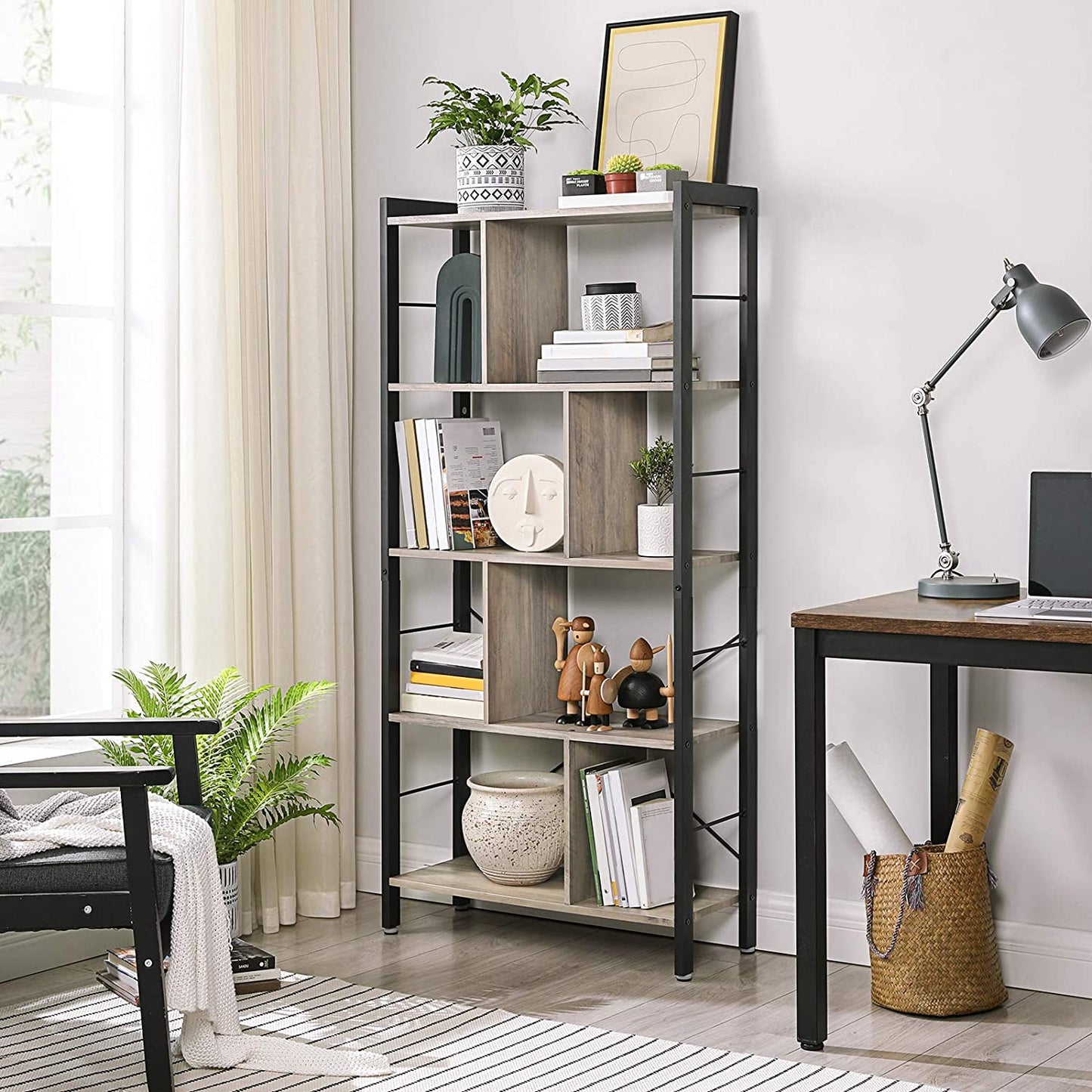 Bookshelf,Bookcase,Large 4-Tier Storage Shelf,Greige and Black