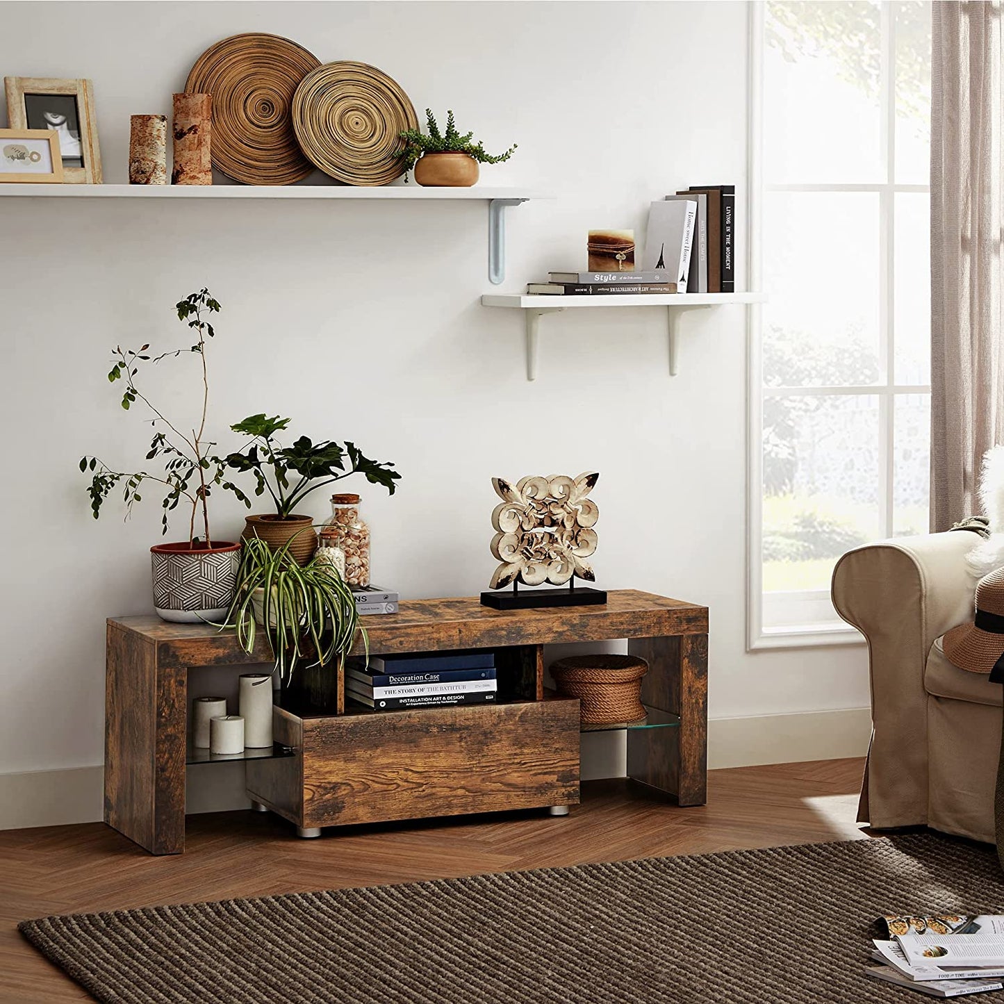 TV Stand, TV Cabinet with Drawer, Glass Storage Shelves, TV Table for TVs up to 55 Inches