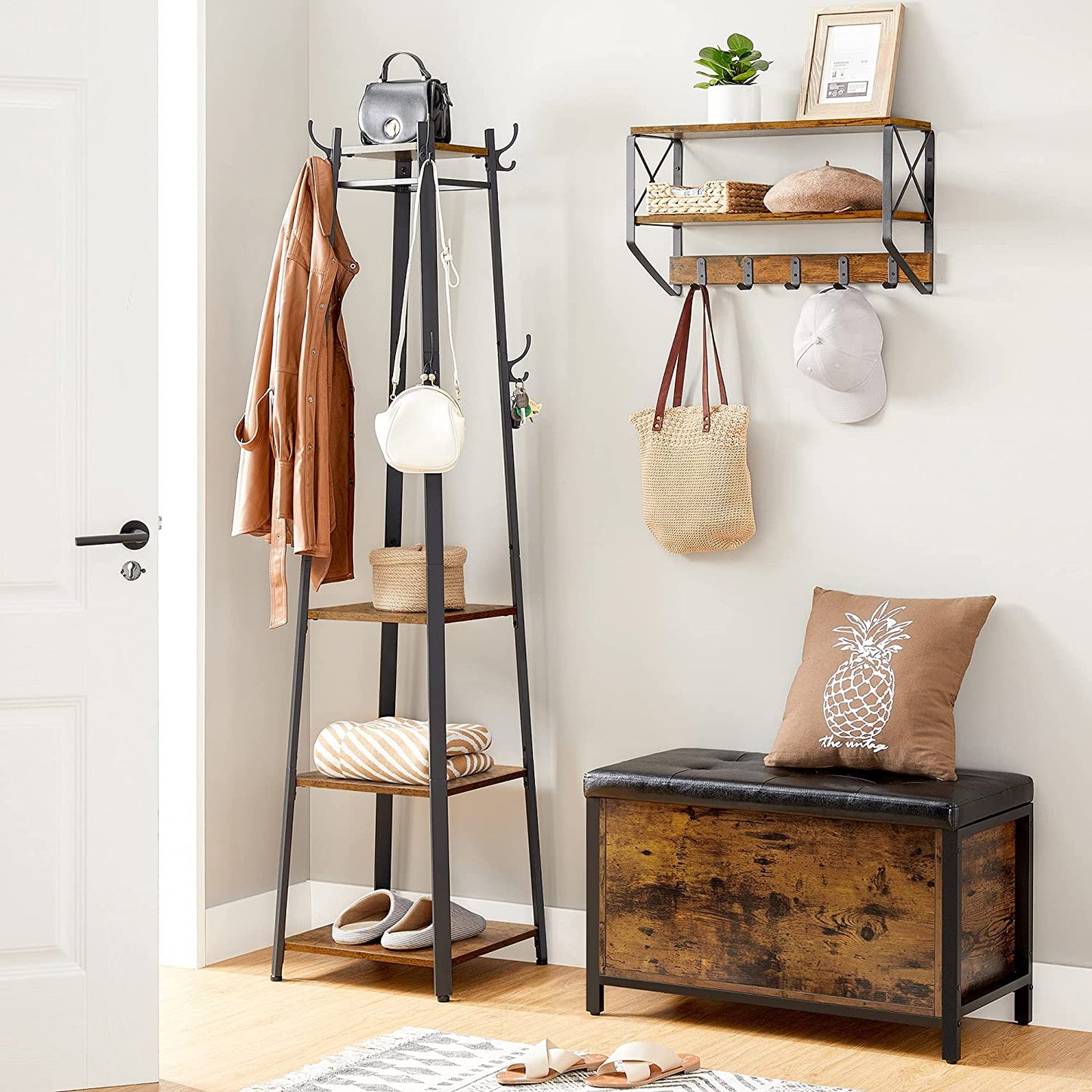 Vintage Coat Rack, Industrial Coat Stand with 3 Shelves, Ladder Shelf