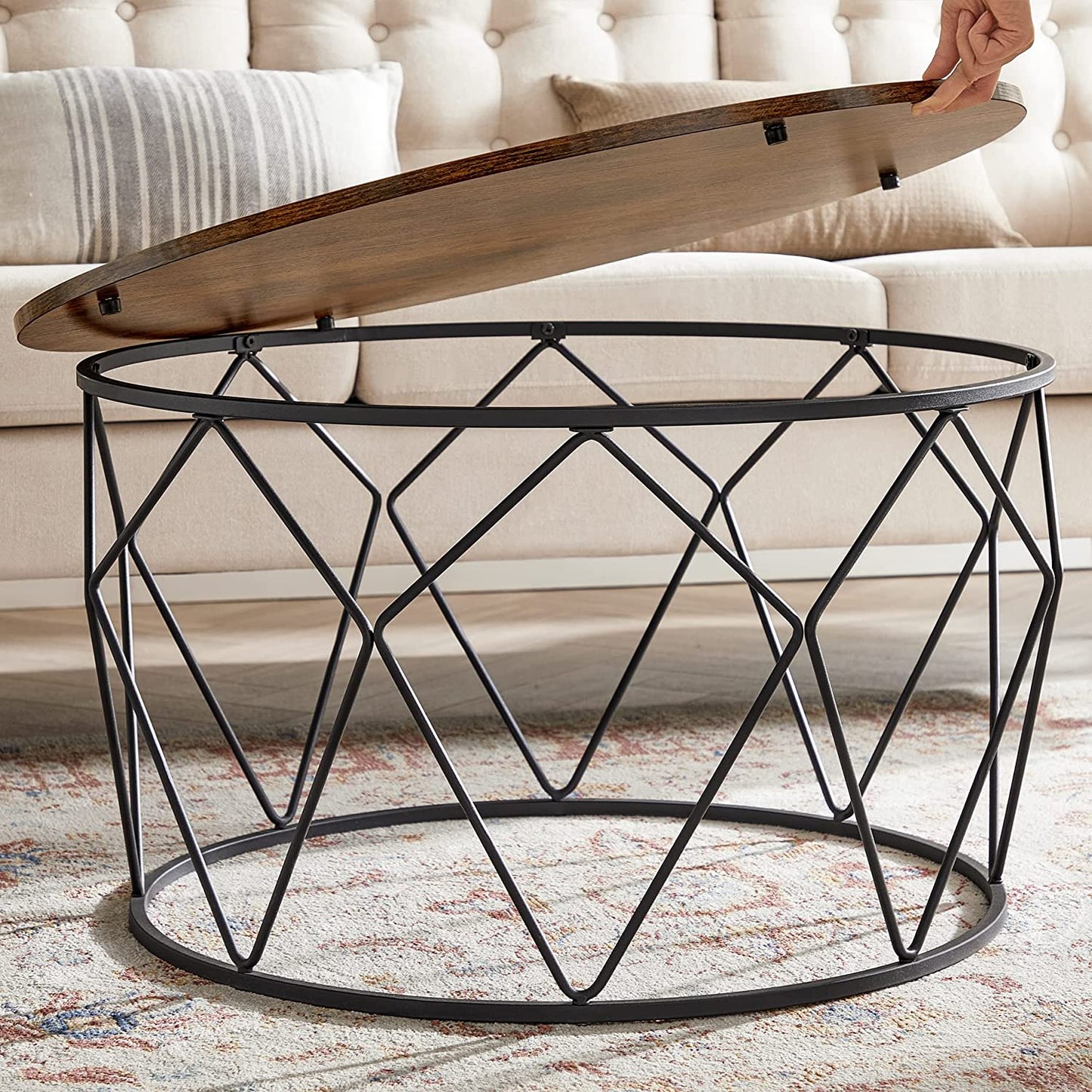 Round Coffee Table, Small Centre Table with Steel Frame