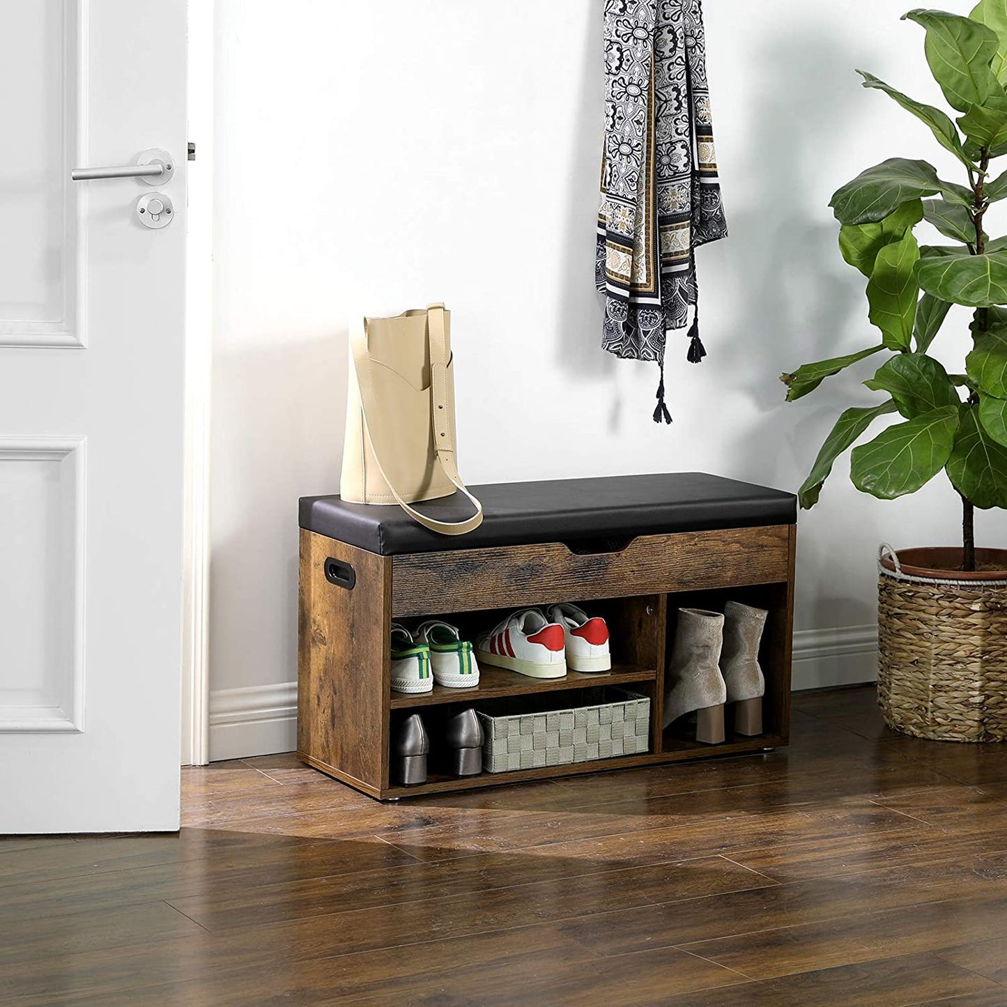 Vintage Shoe Bench with Cushion Storage Bench with Padded Seat Shelves