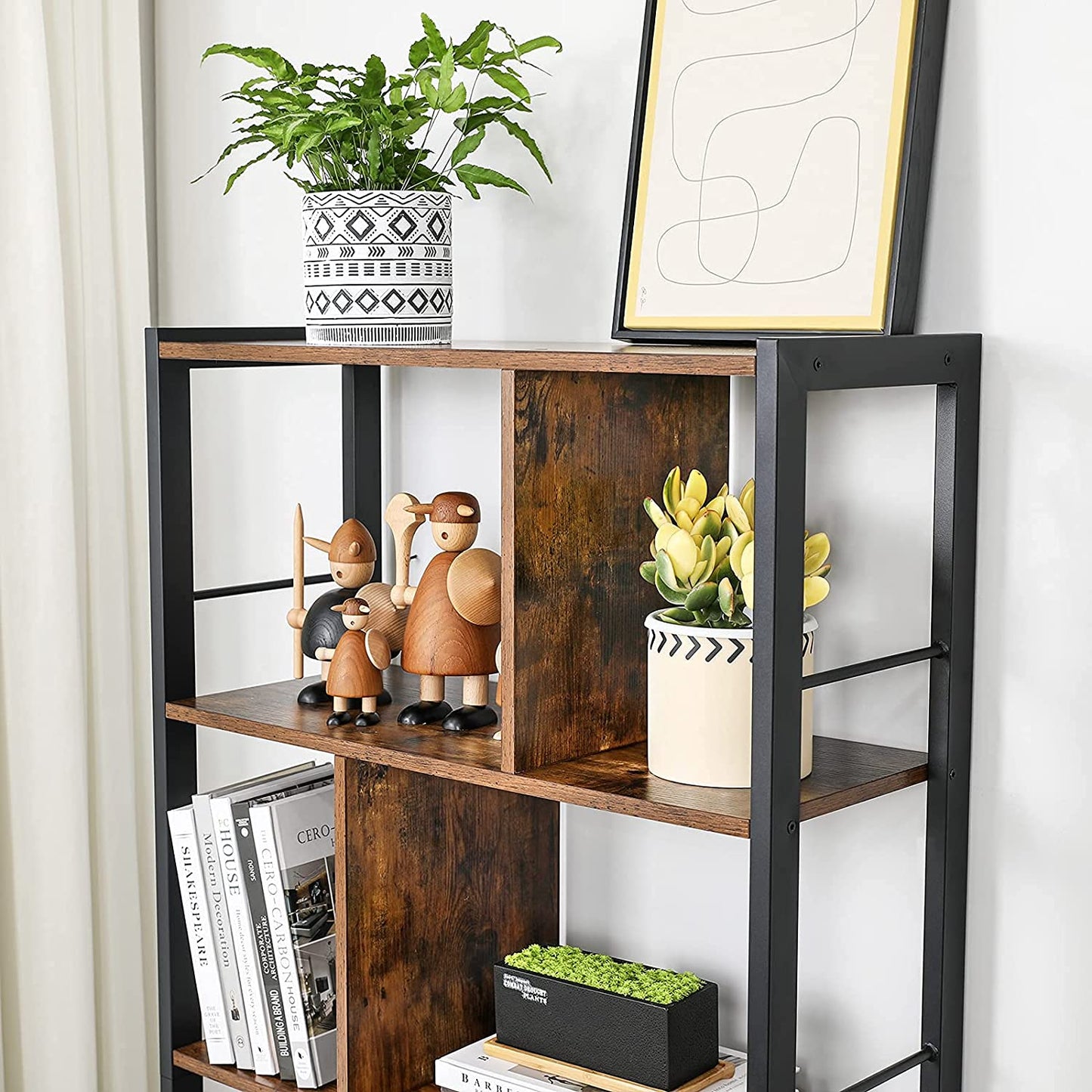 Retro Bookcase 4-Tier Shelving Unit Display Plant Stand Metal Frame