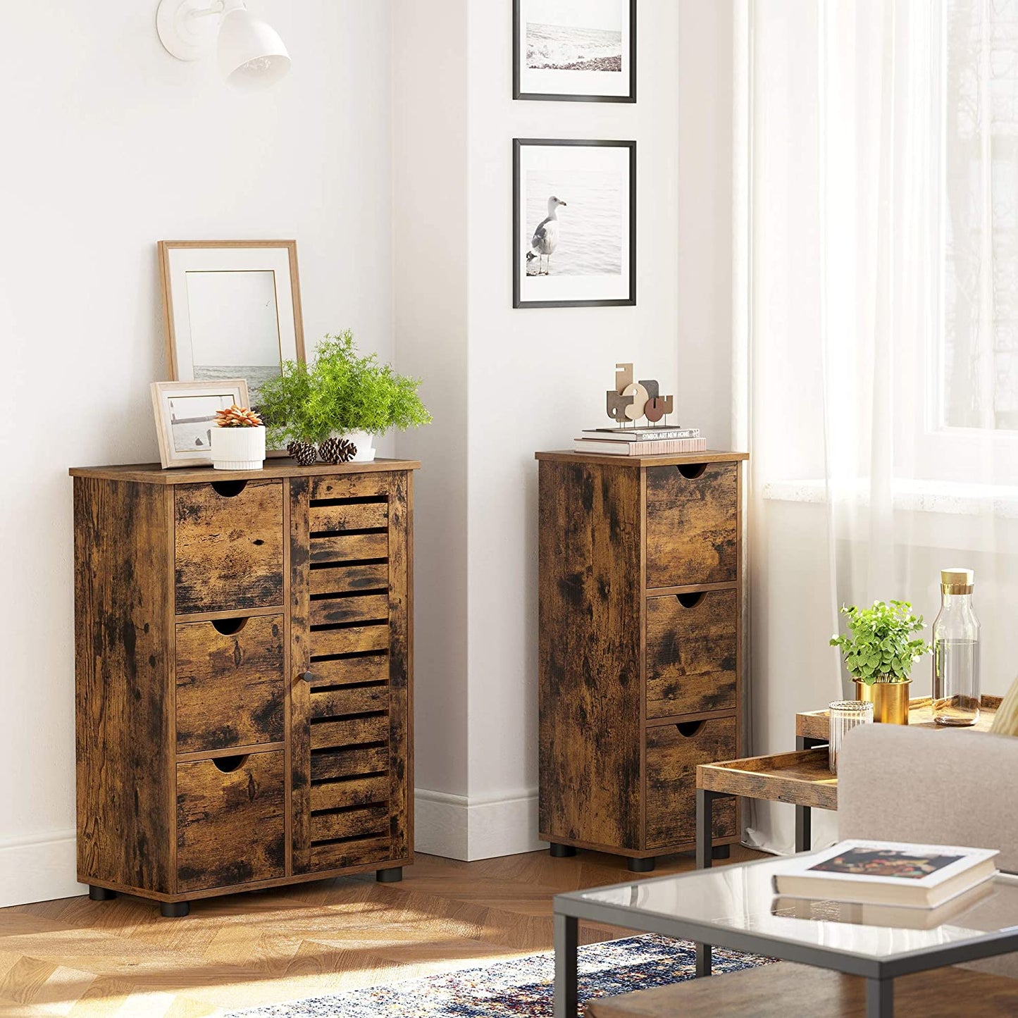 Bathroom Floor Cabinet, Wooden Storage Unit with 3 Draw, Rustic Brown