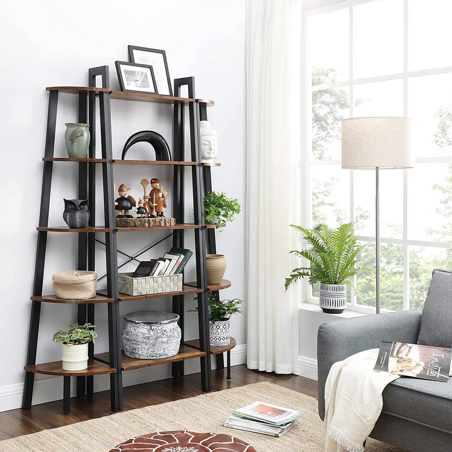 5Tier Ladder Corner Bookcase Shelving Rack Displa Organiser Storage Unit Retro