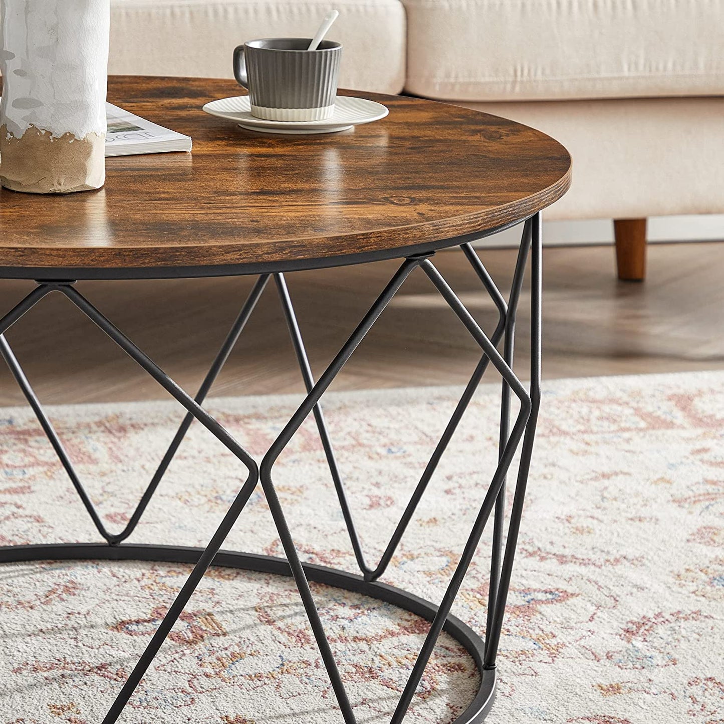 Round Coffee Table, Small Centre Table with Steel Frame