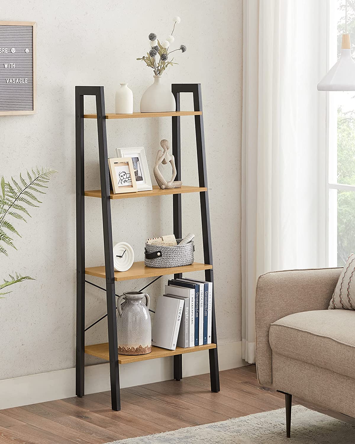 Industrial Style Bookshelf Ladder Shelf Honey Brown and Black