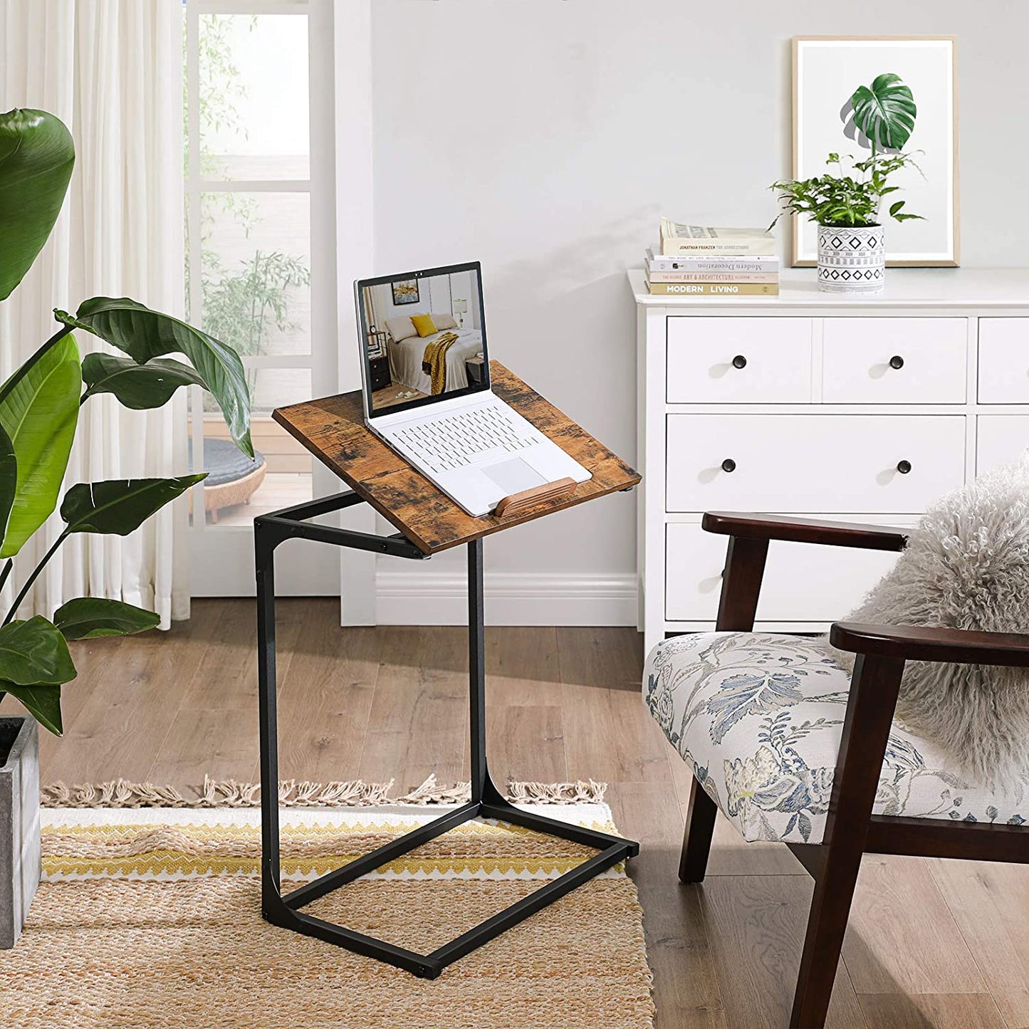 Sofa Side Table, Laptop Table with Tilting Top, Heavy Duty Steel Frame