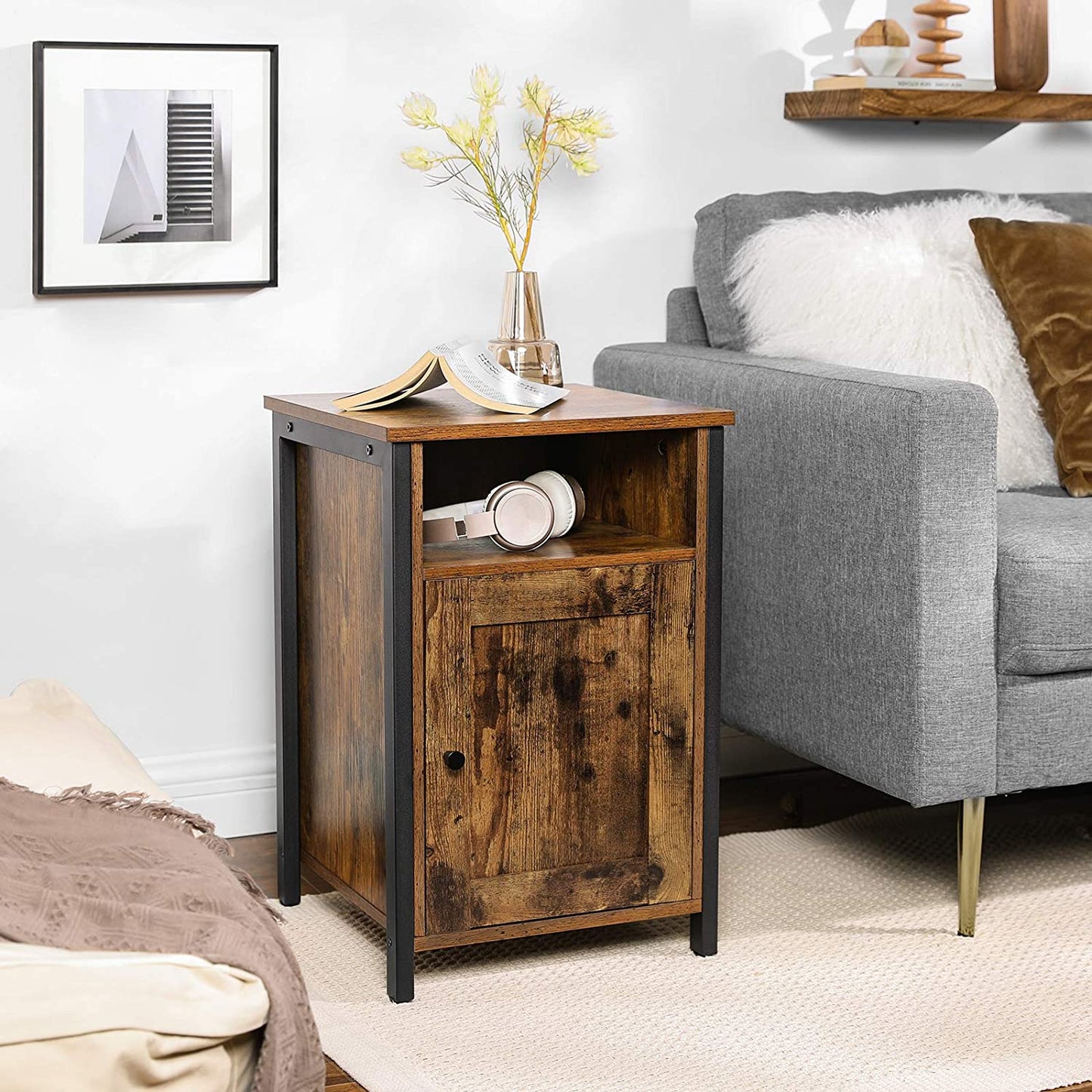 Nightstand Side Table End Table with Storage Metal Frame