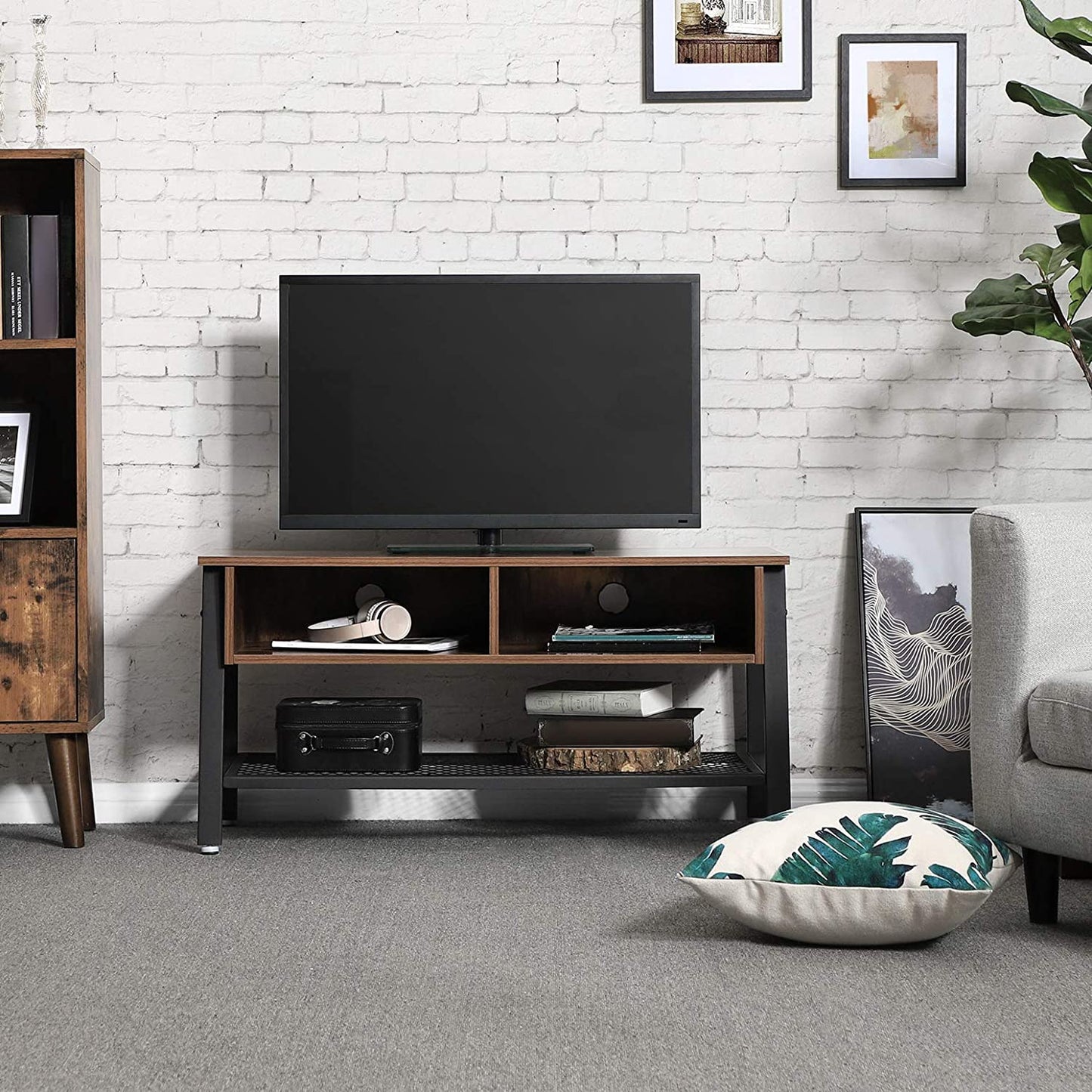 TV Stand, Industrial TV Cabinet with Mesh Storage Shelf, Coffee Table