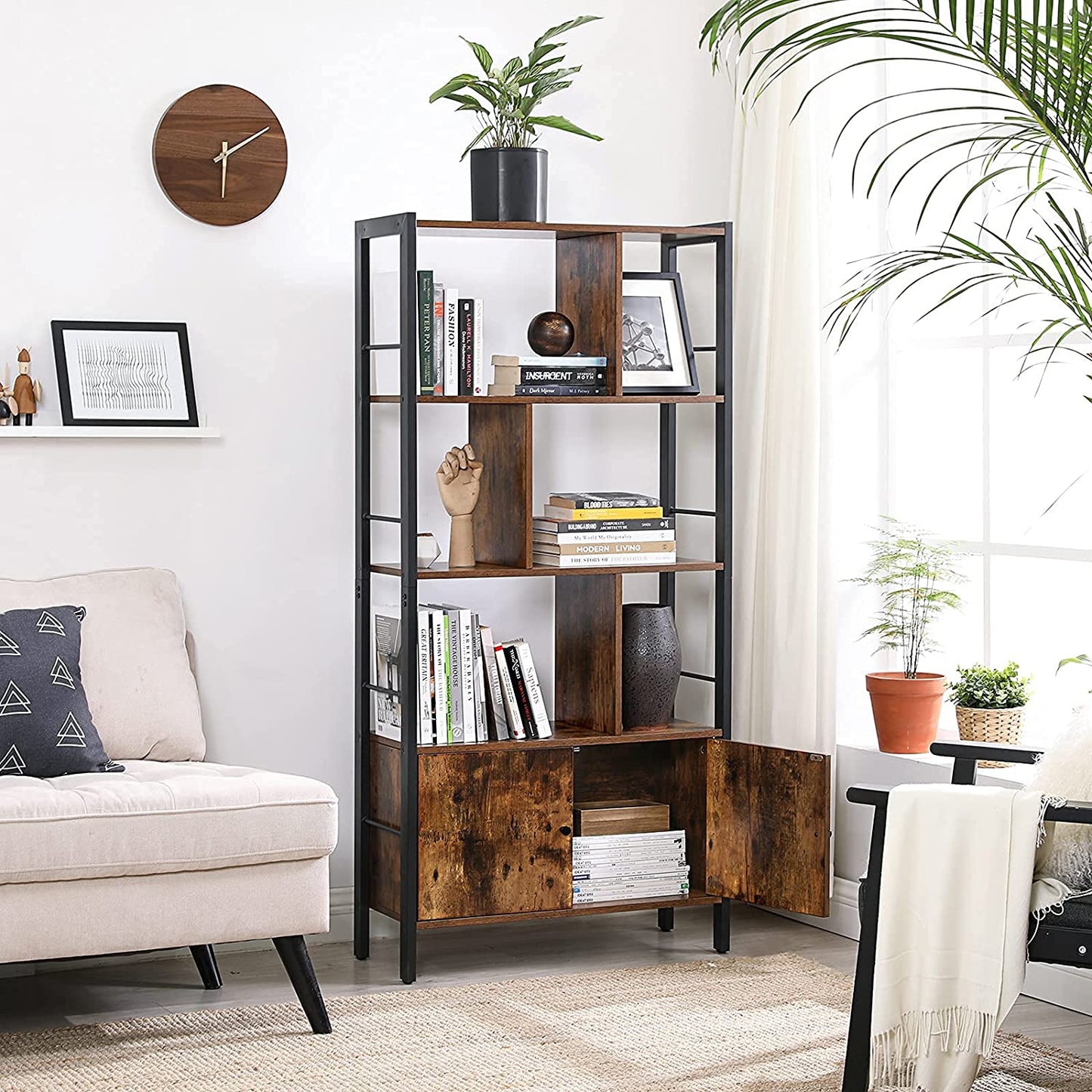 Retro Bookcase 4-Tier Shelving Unit Display Plant Stand Metal Frame