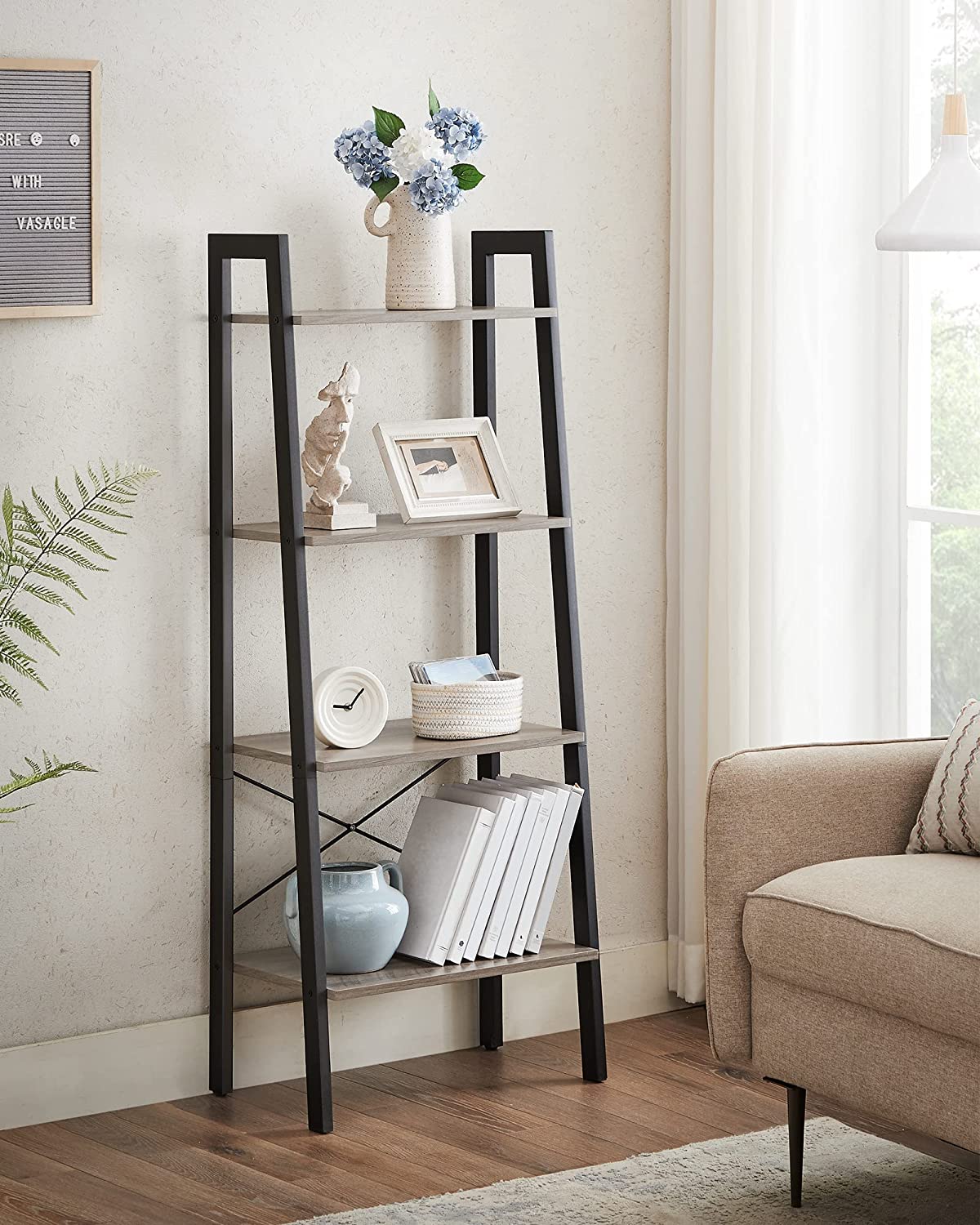 Ladder Shelf, 4-Tier Bookshelf, Greige and Black