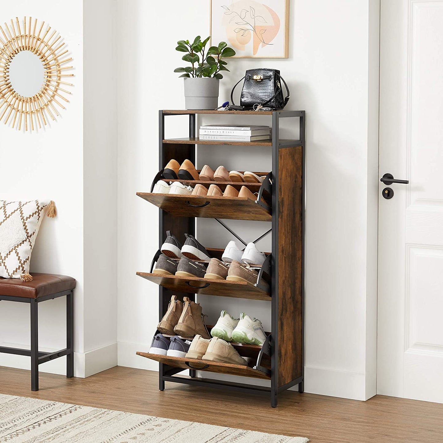 Shoe Cabinet With 3 Flip Doors, Storage Rack with Open Compartment