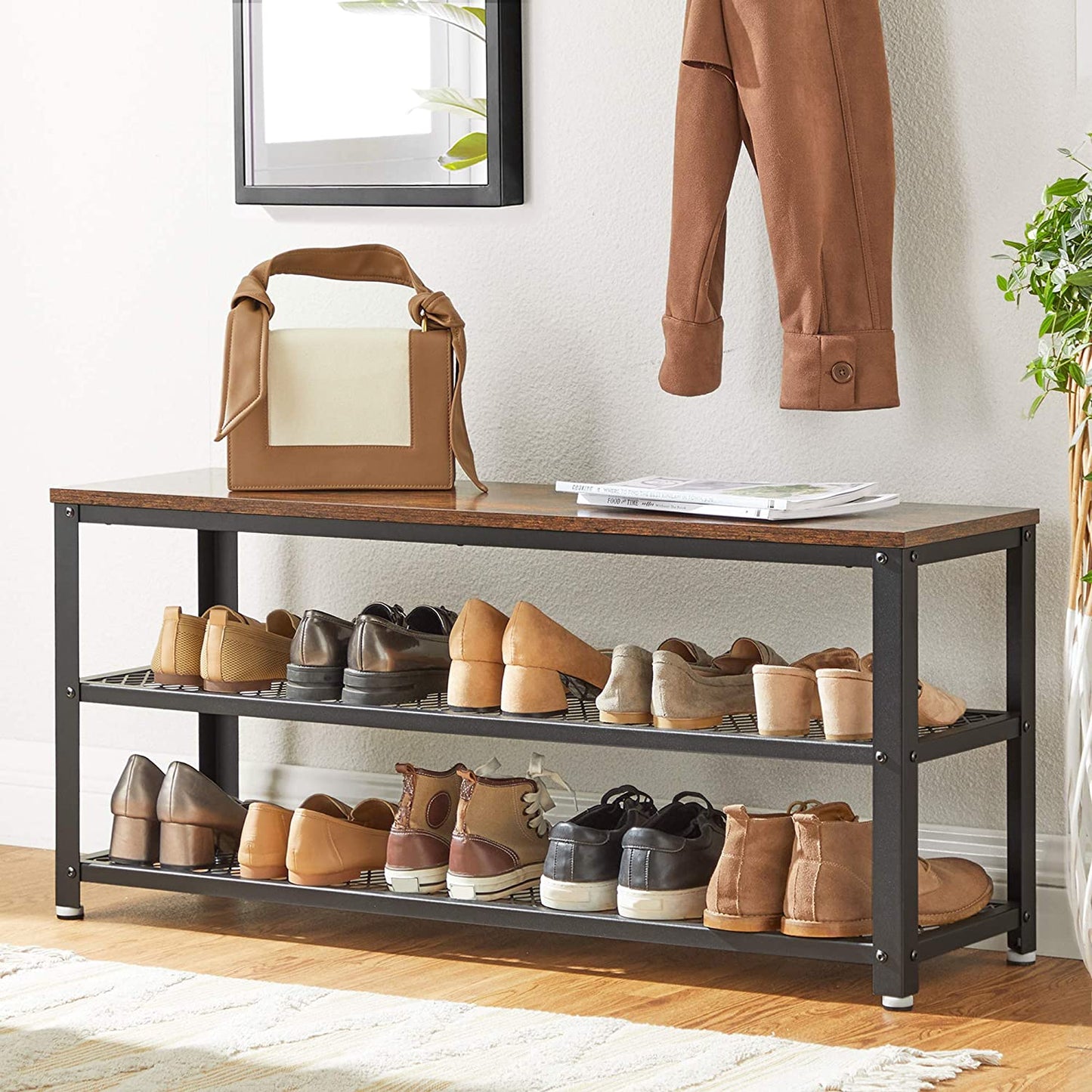 Rustic Brown 3-Tier Shoe Storage Bench