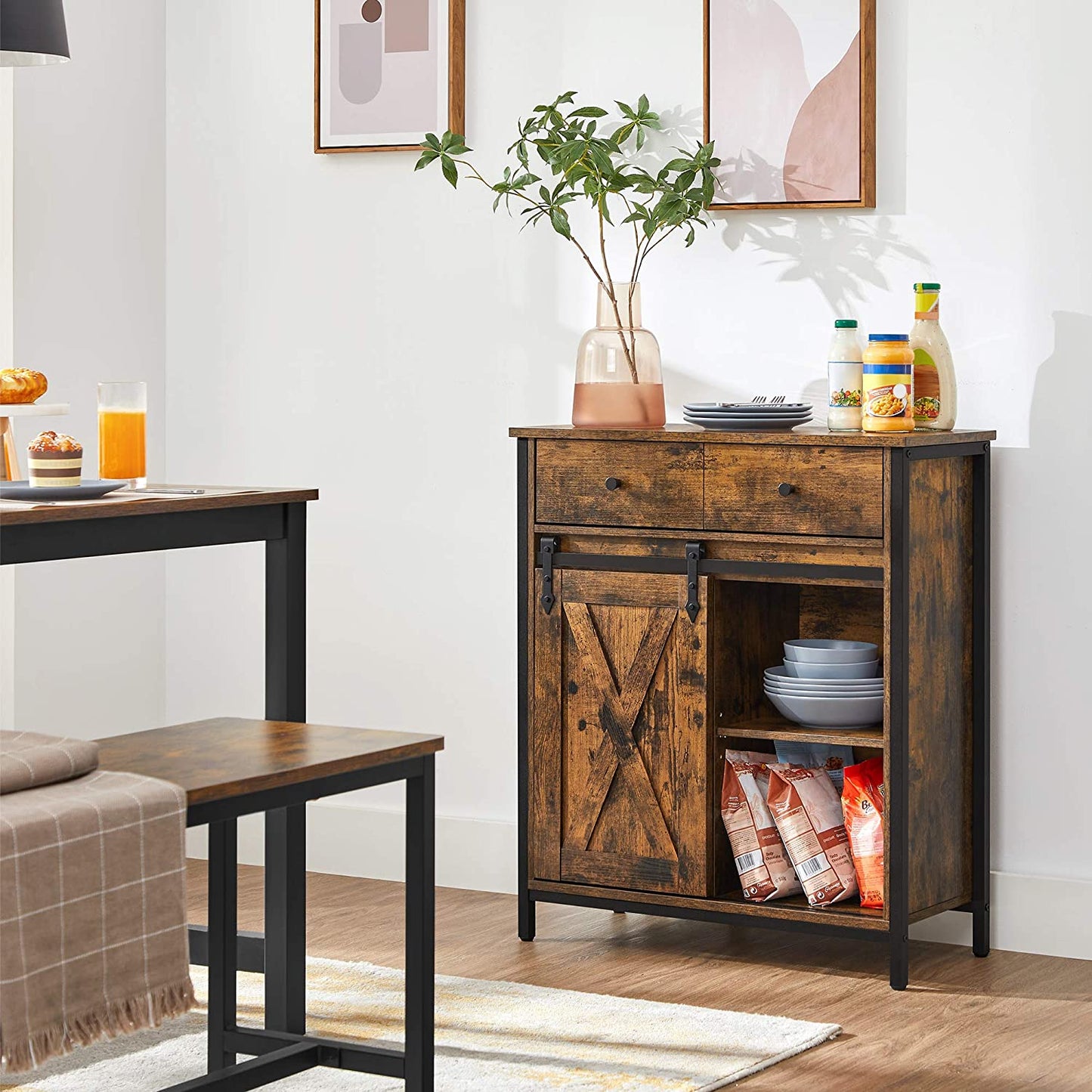 Storage Sideboard with Barn Door Rustic Brown Black