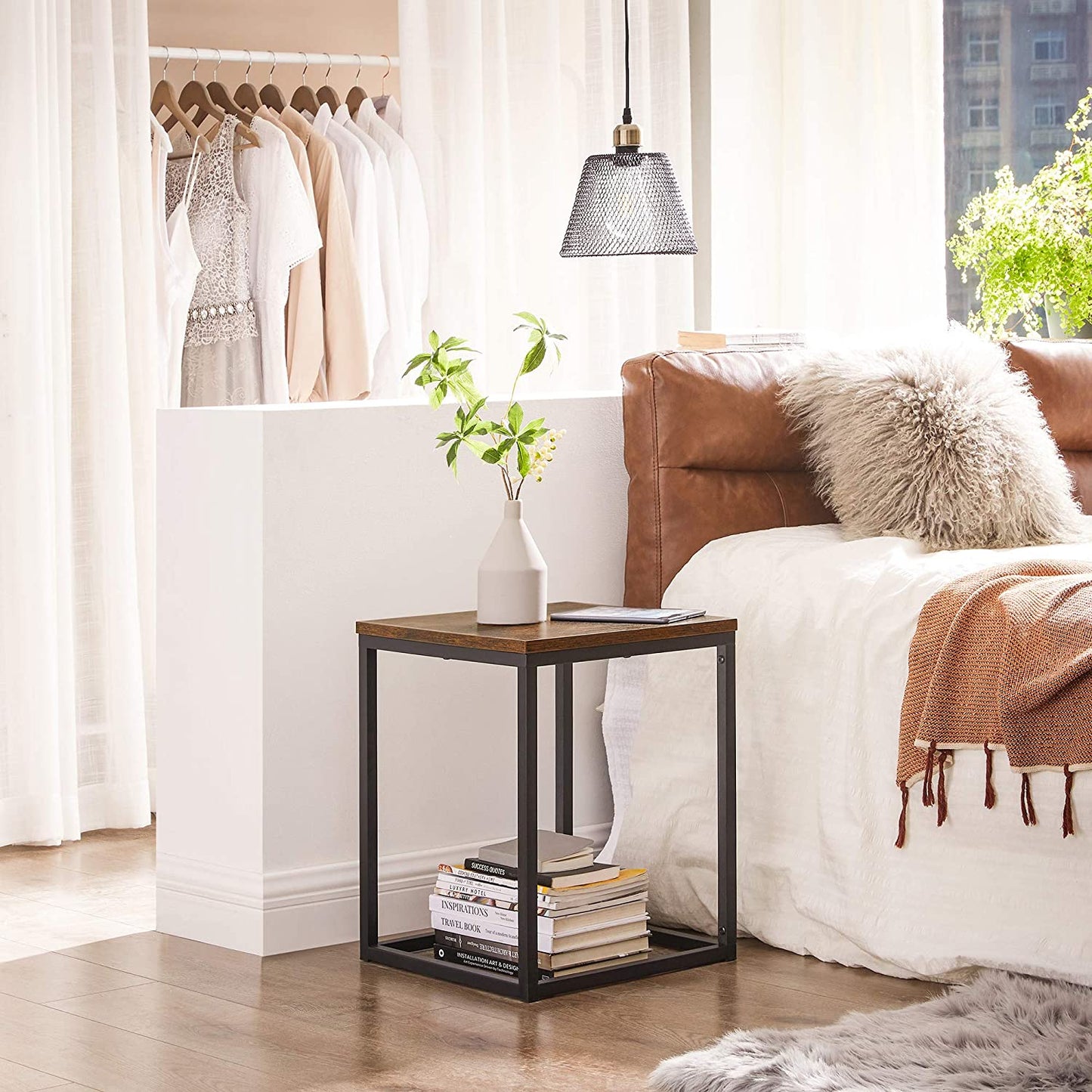 Industrial Style Rustic Brown Side Table with Metal Frame