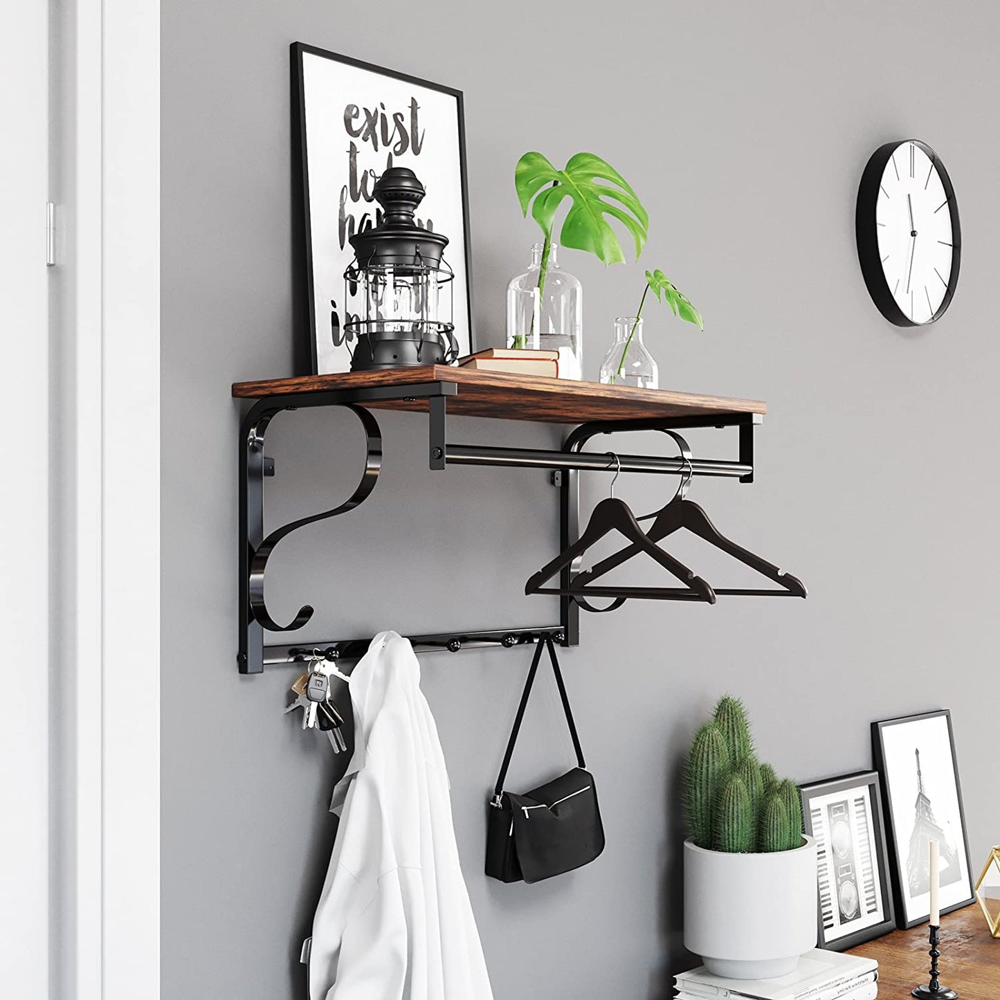 Coat Rack Shelf Wall Mounted Hook Rack Shelf with 5 Hooks Hanging Rail