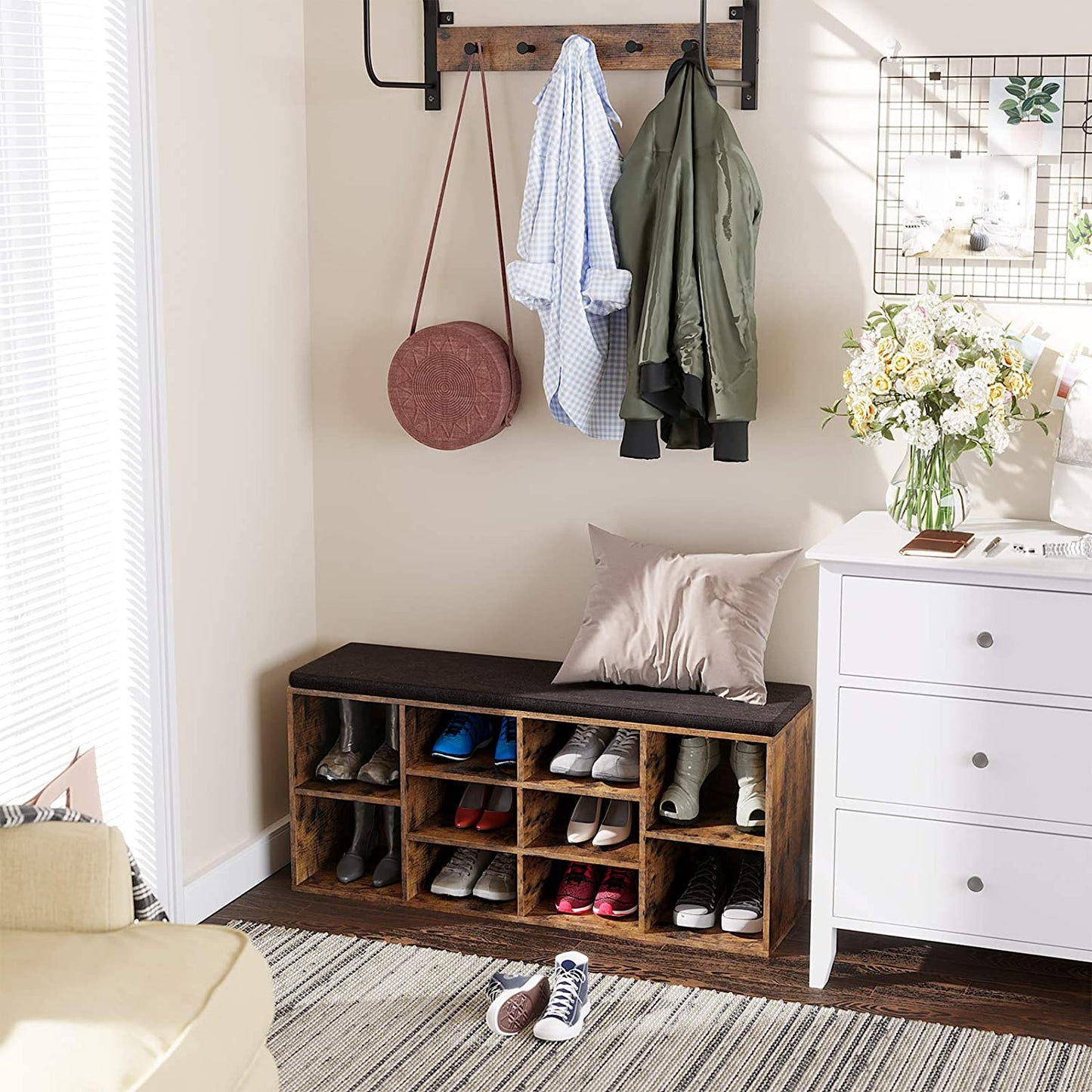 Shoe Storage Rack Cabinet Shoe Bench Shoe Shelf 10 Compartments with Cushion Rustic Brown