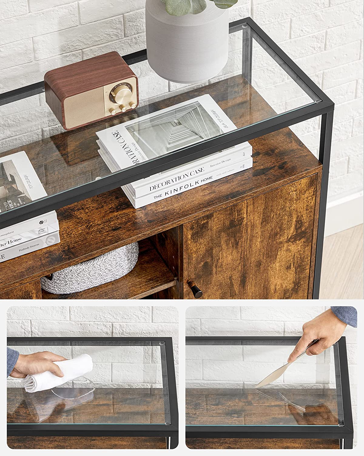 Side Cabinet, Sideboard Storage Cabinet with Glass Surface