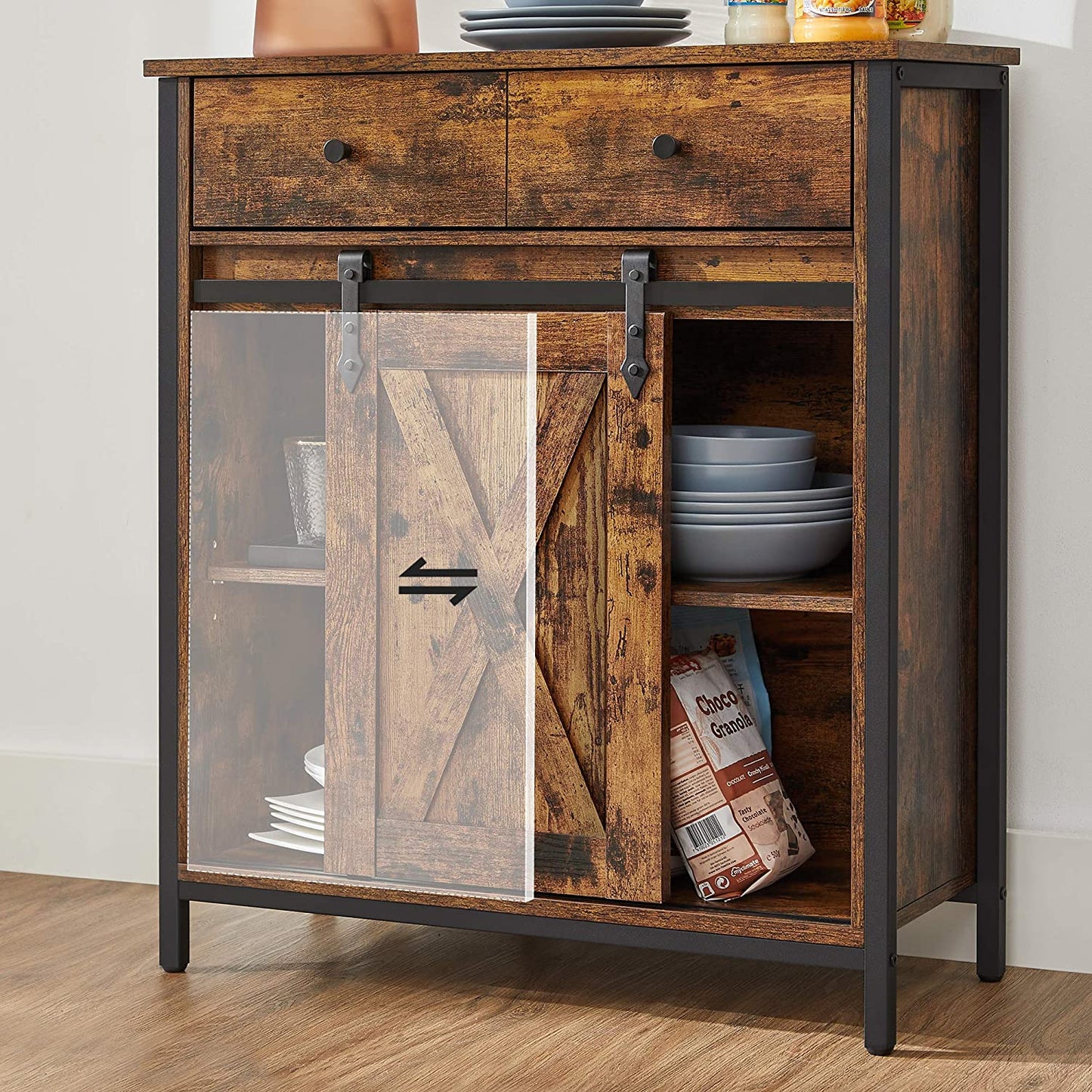 Storage Sideboard with Barn Door Rustic Brown Black