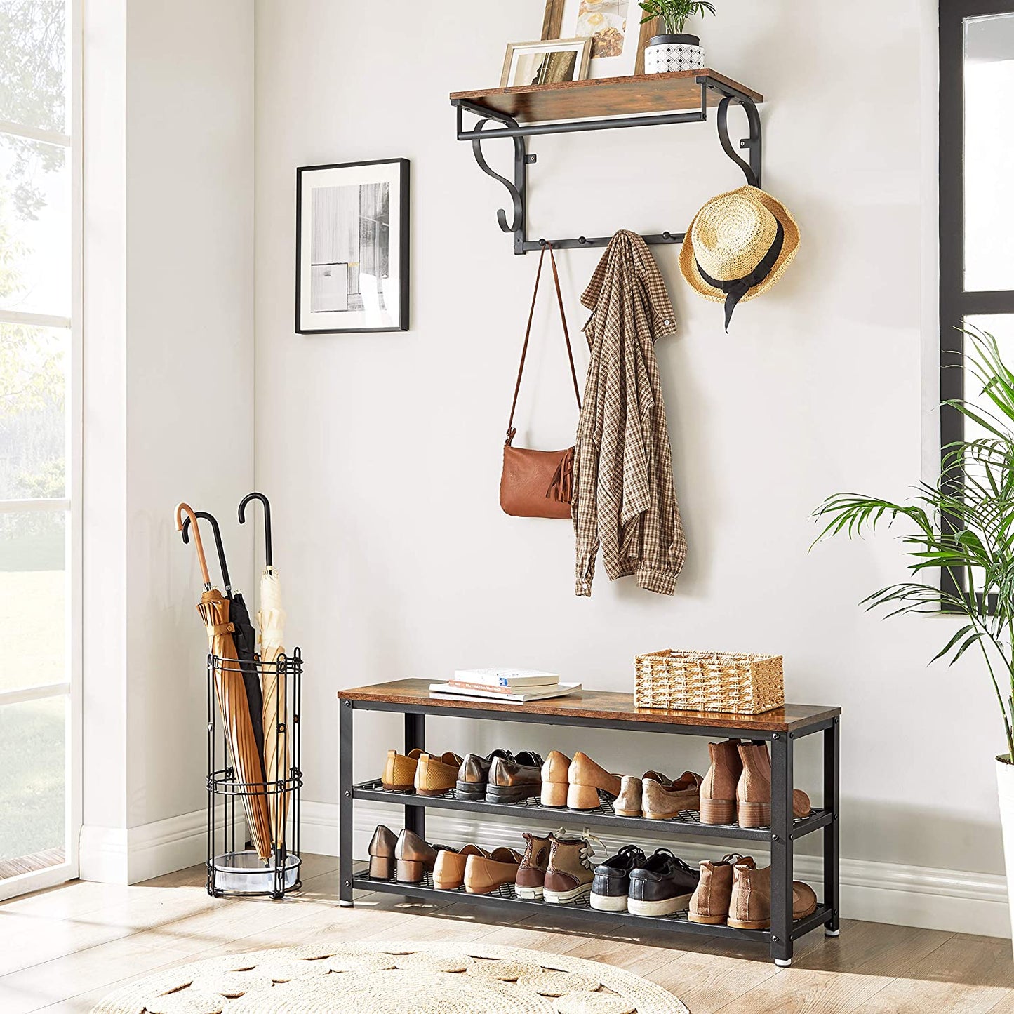 Rustic Brown 3-Tier Shoe Storage Bench