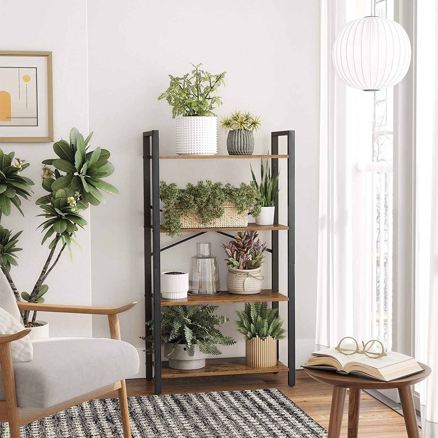 Industrial Style 4-Tier Bookshelf, Storage Rack with Steel Frame