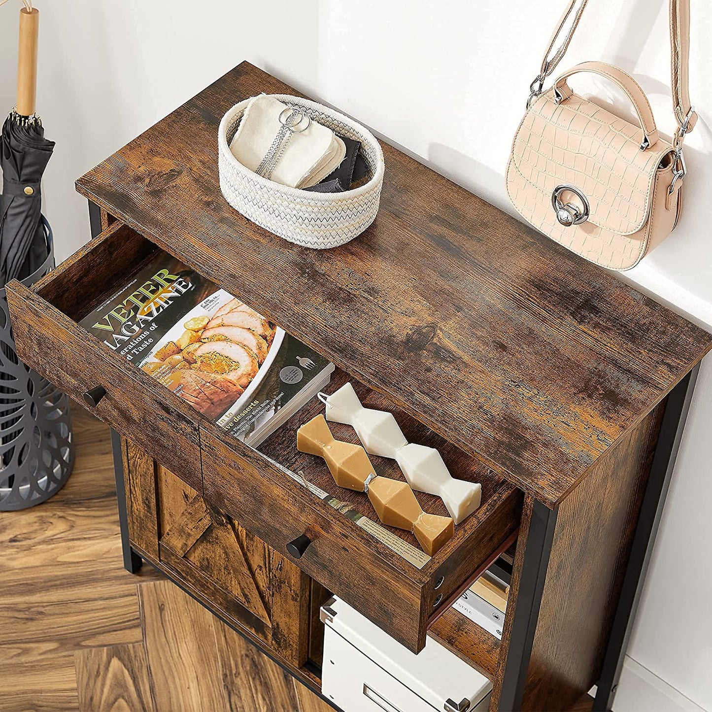 Storage Sideboard with Barn Door Rustic Brown Black