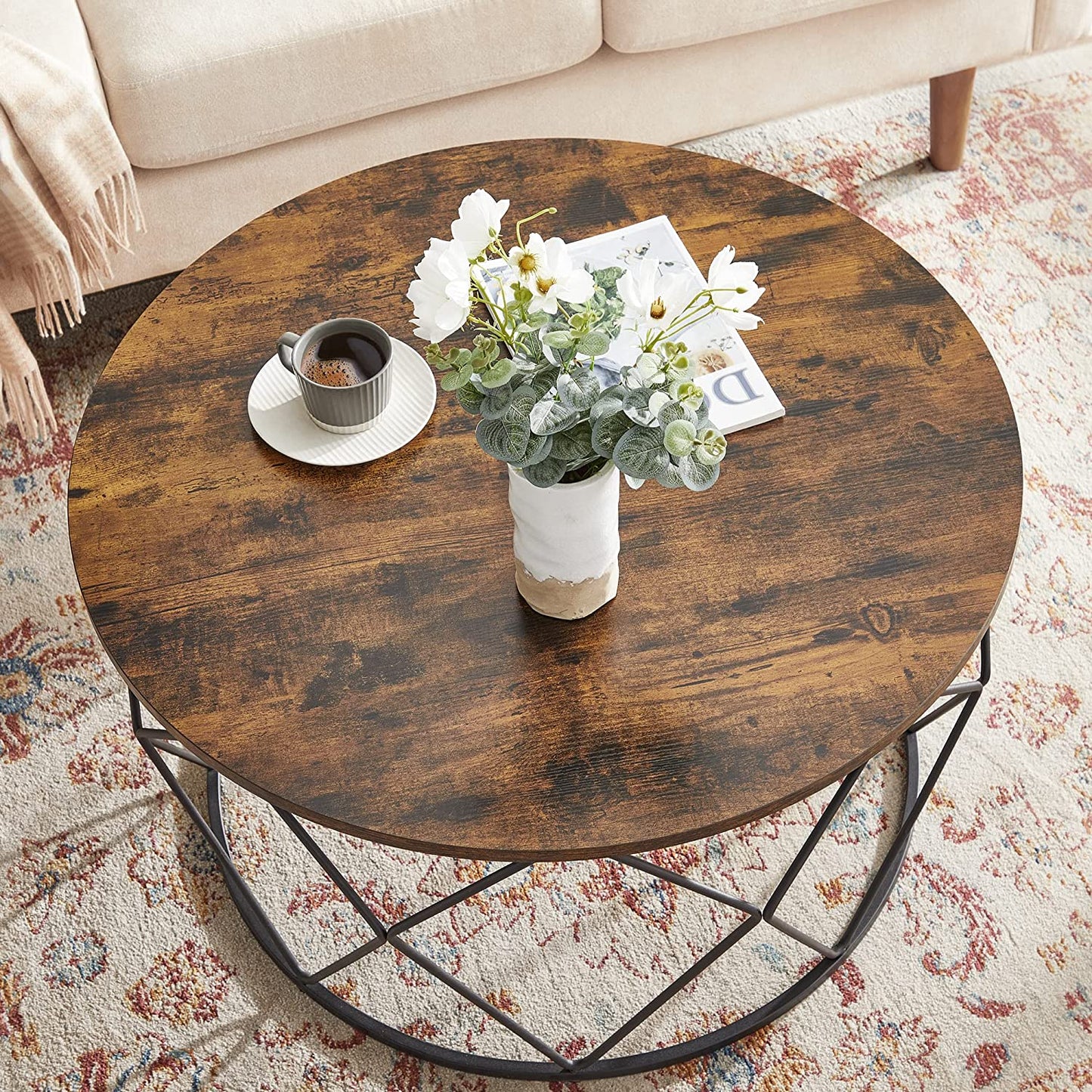 Round Coffee Table, Small Centre Table with Steel Frame