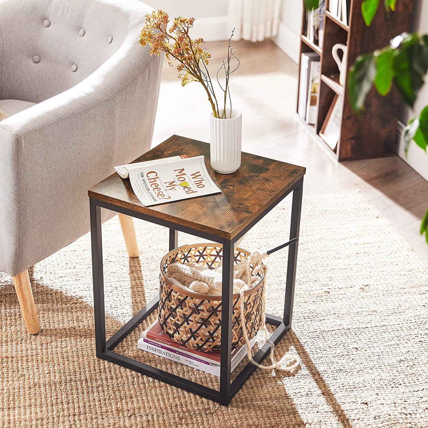 Industrial Style Rustic Brown Side Table with Metal Frame