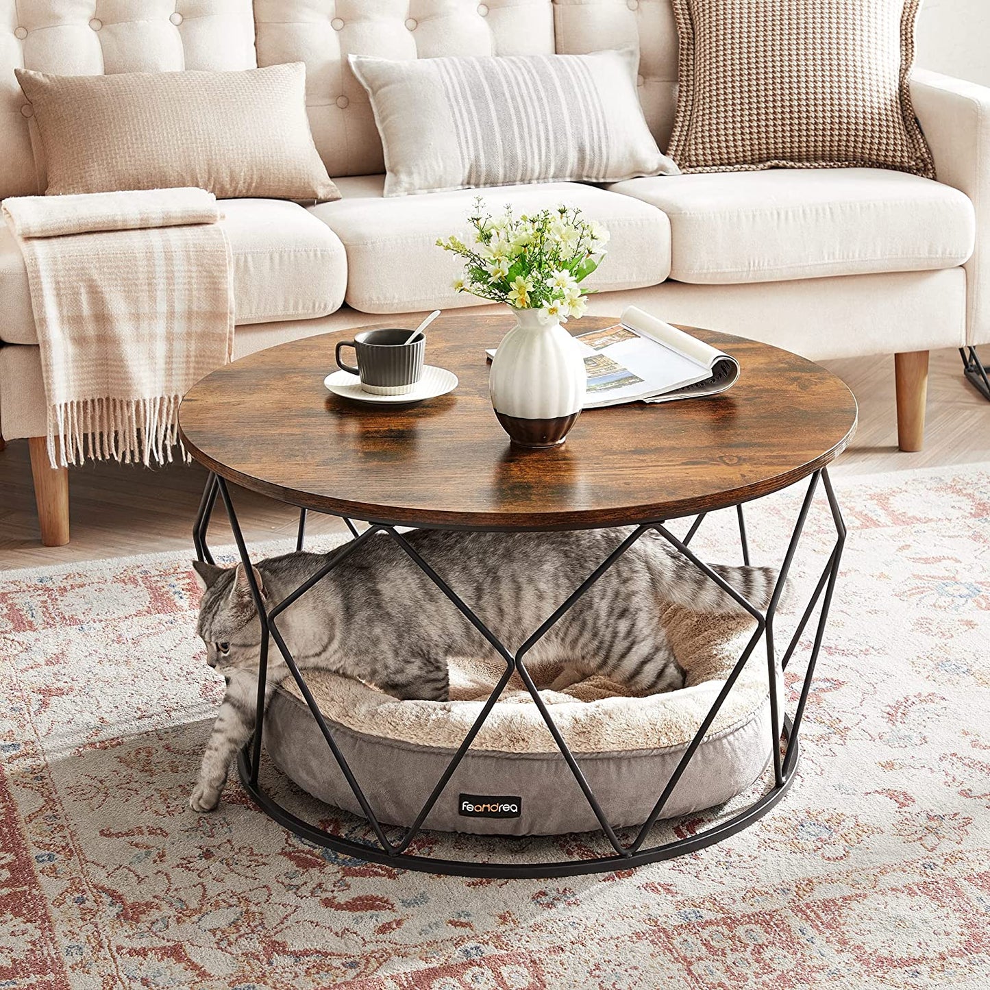 Round Coffee Table, Small Centre Table with Steel Frame