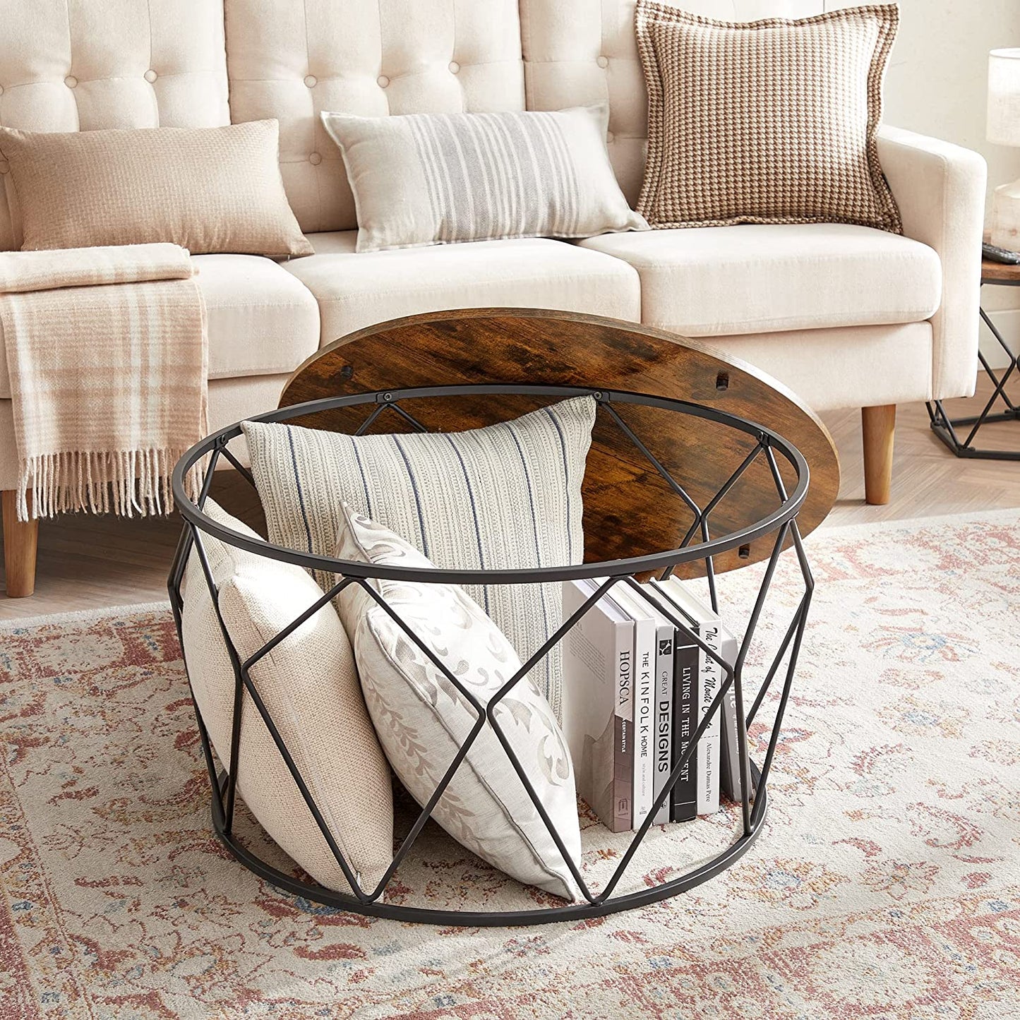 Round Coffee Table, Small Centre Table with Steel Frame