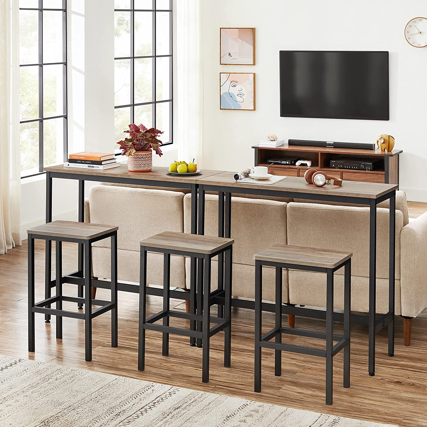 Narrow pub table with outlet stools