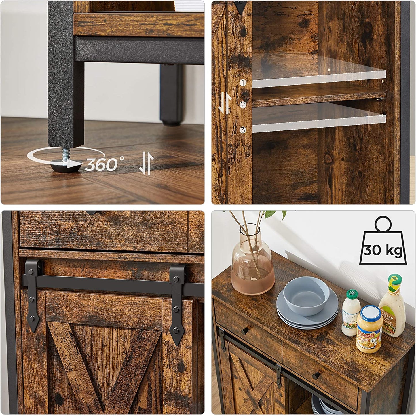 Storage Sideboard with Barn Door Rustic Brown Black