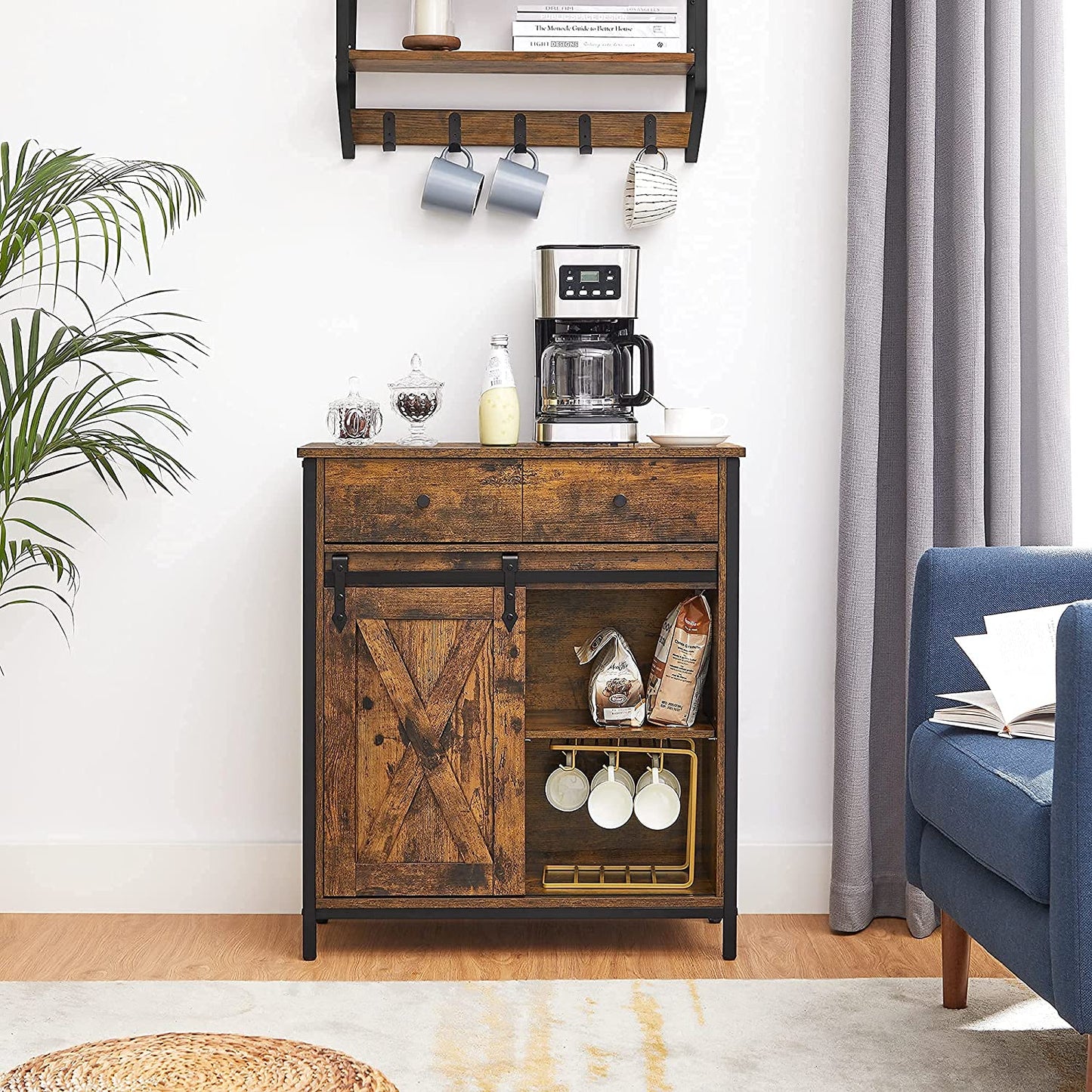 Storage Sideboard with Barn Door Rustic Brown Black