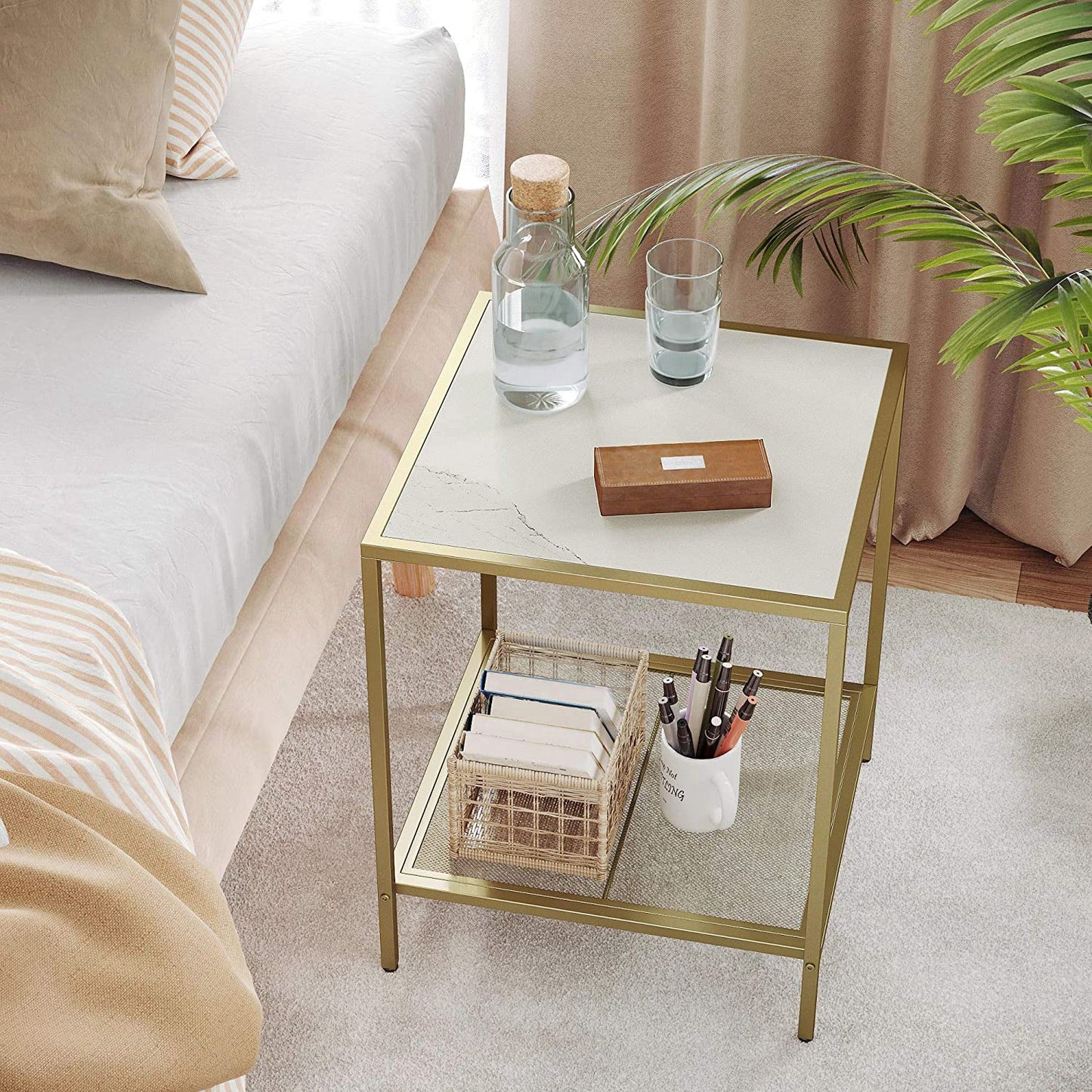 2-Tier Side Table Coffee Table Modern Living Room Furniture Steel Frame Gold