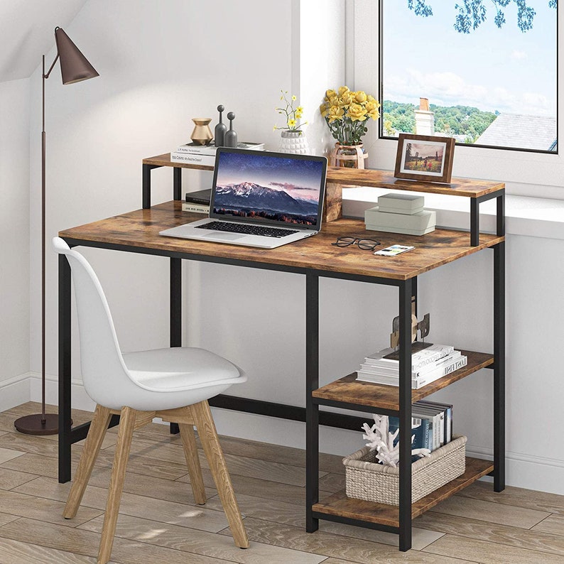 Industrial Style Computer Desk With Monitor Stand And Steel Frame Home Office