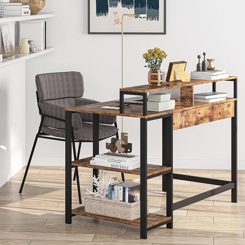 Industrial Style Computer Desk With Monitor Stand And Steel Frame Home Office