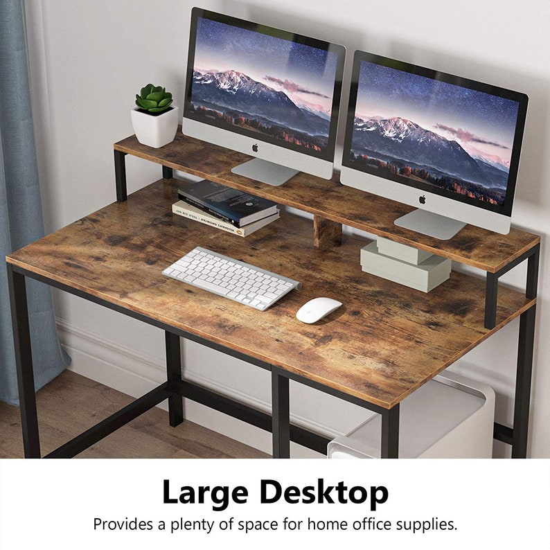 Industrial Style Computer Desk With Monitor Stand And Steel Frame Home Office