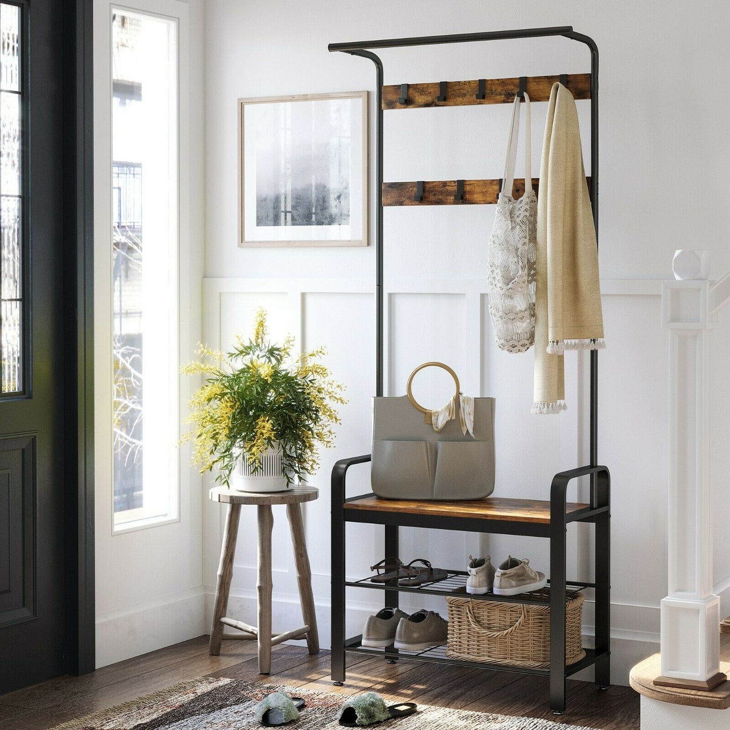 Industrial Coat Rack with Bench for Entryway