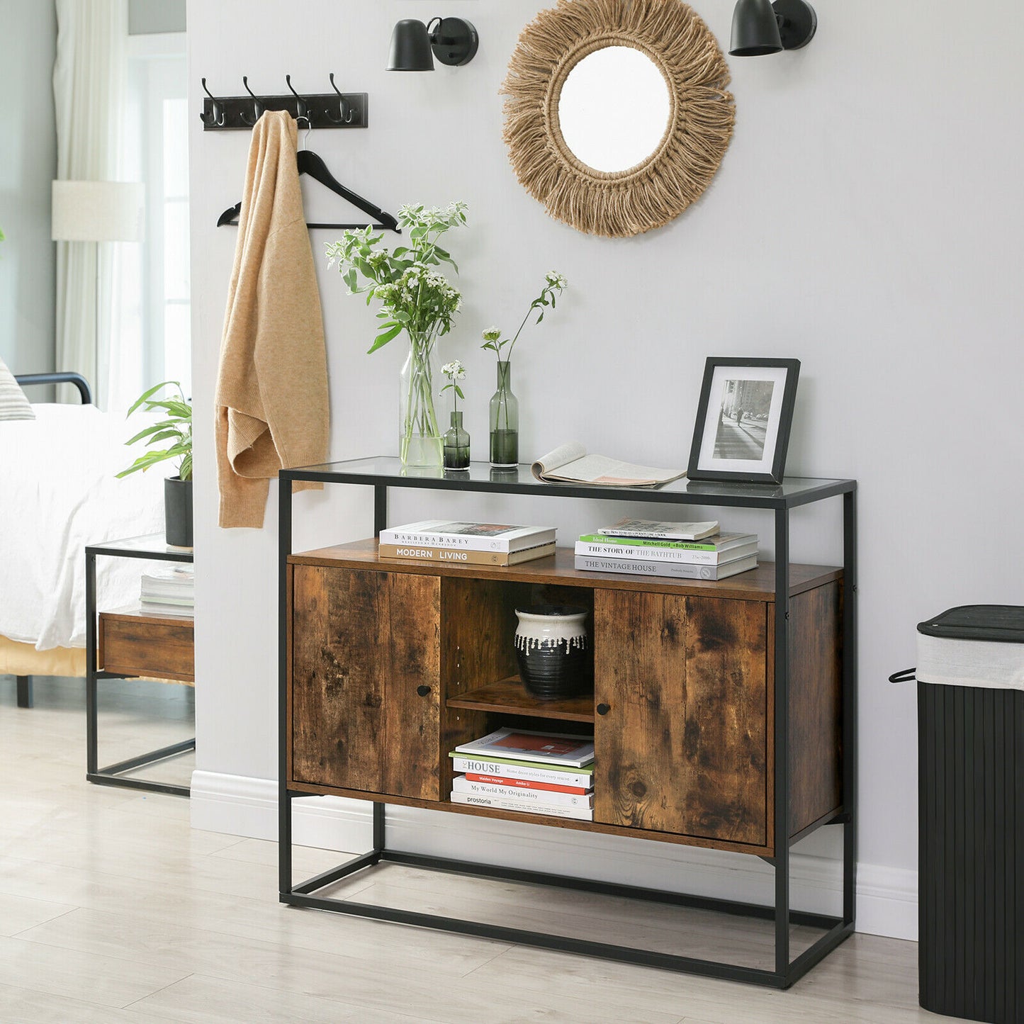 Side Cabinet, Sideboard Storage Cabinet with Glass Surface