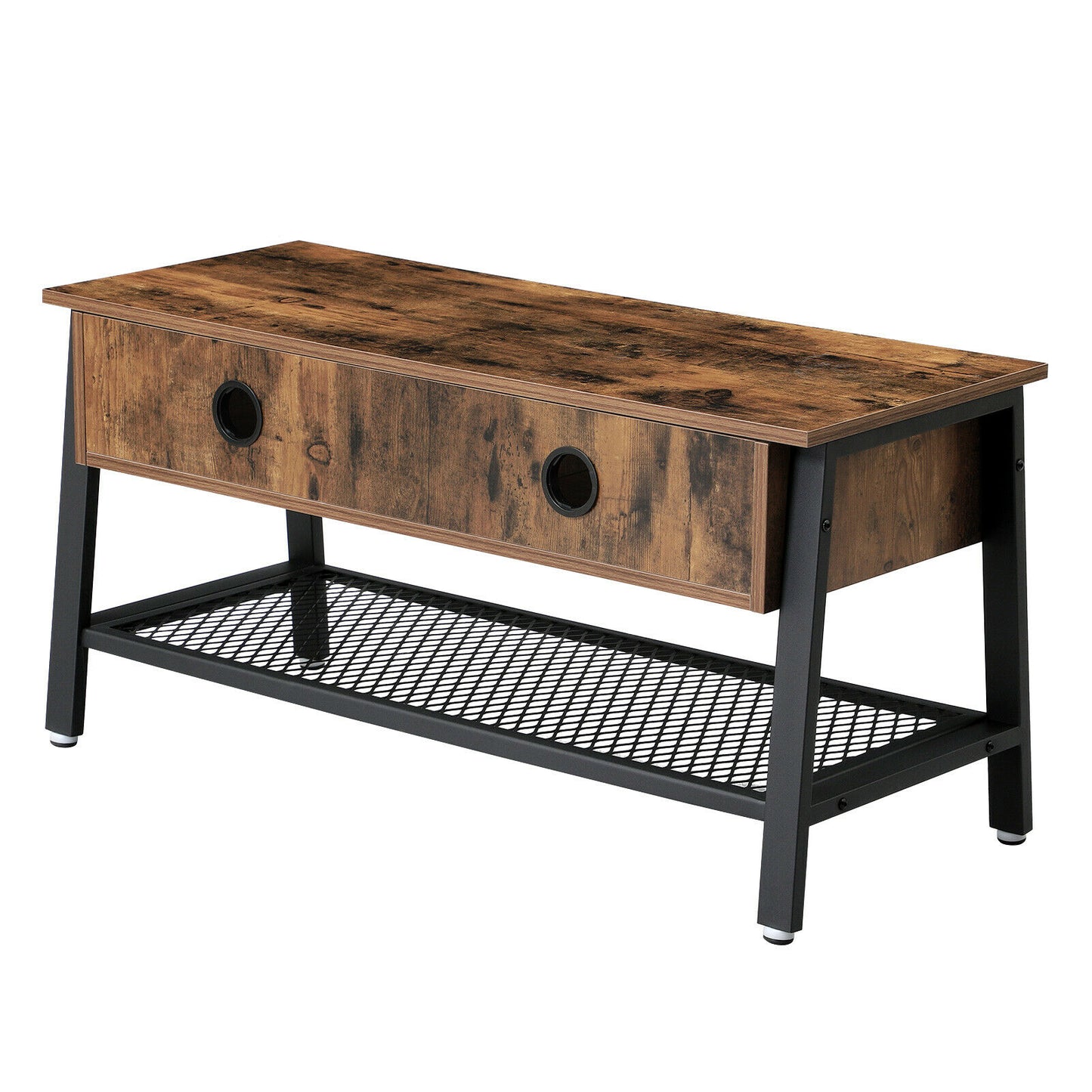 TV Stand, Industrial TV Cabinet with Mesh Storage Shelf, Coffee Table