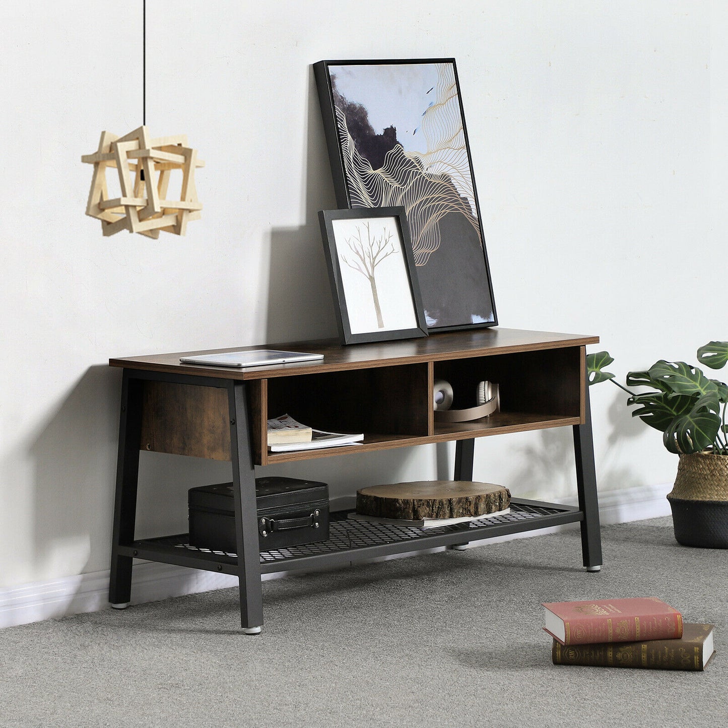 TV Stand, Industrial TV Cabinet with Mesh Storage Shelf, Coffee Table