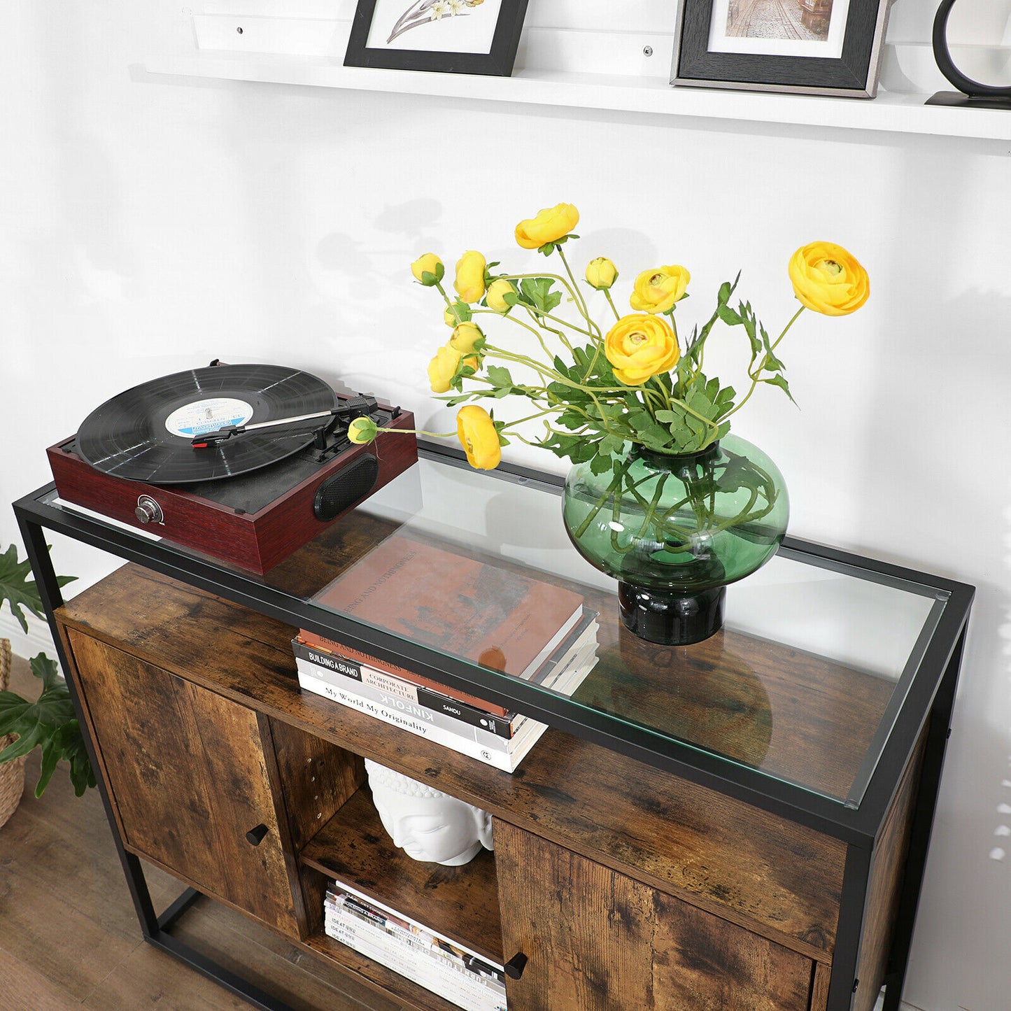 Side Cabinet, Sideboard Storage Cabinet with Glass Surface