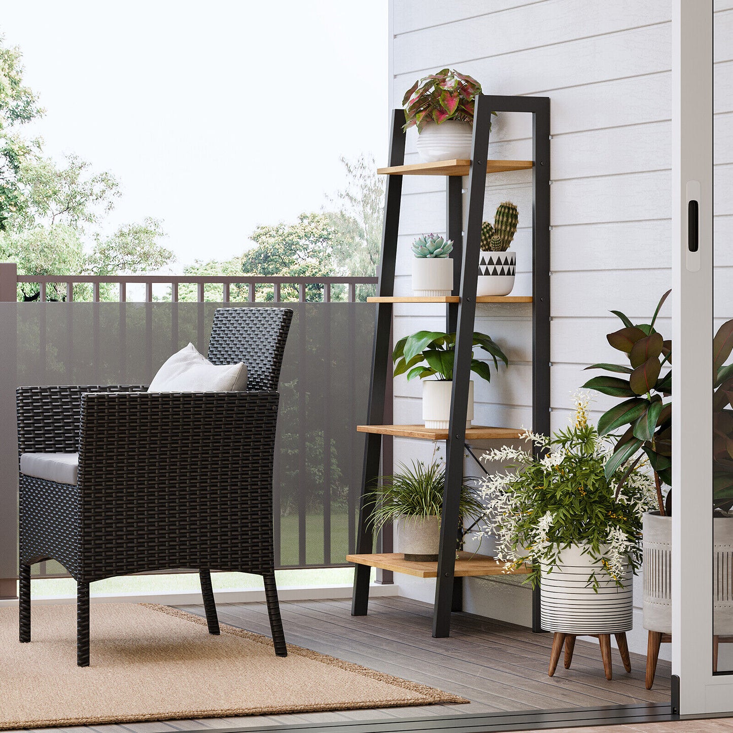 Industrial Style Bookshelf Ladder Shelf Honey Brown and Black